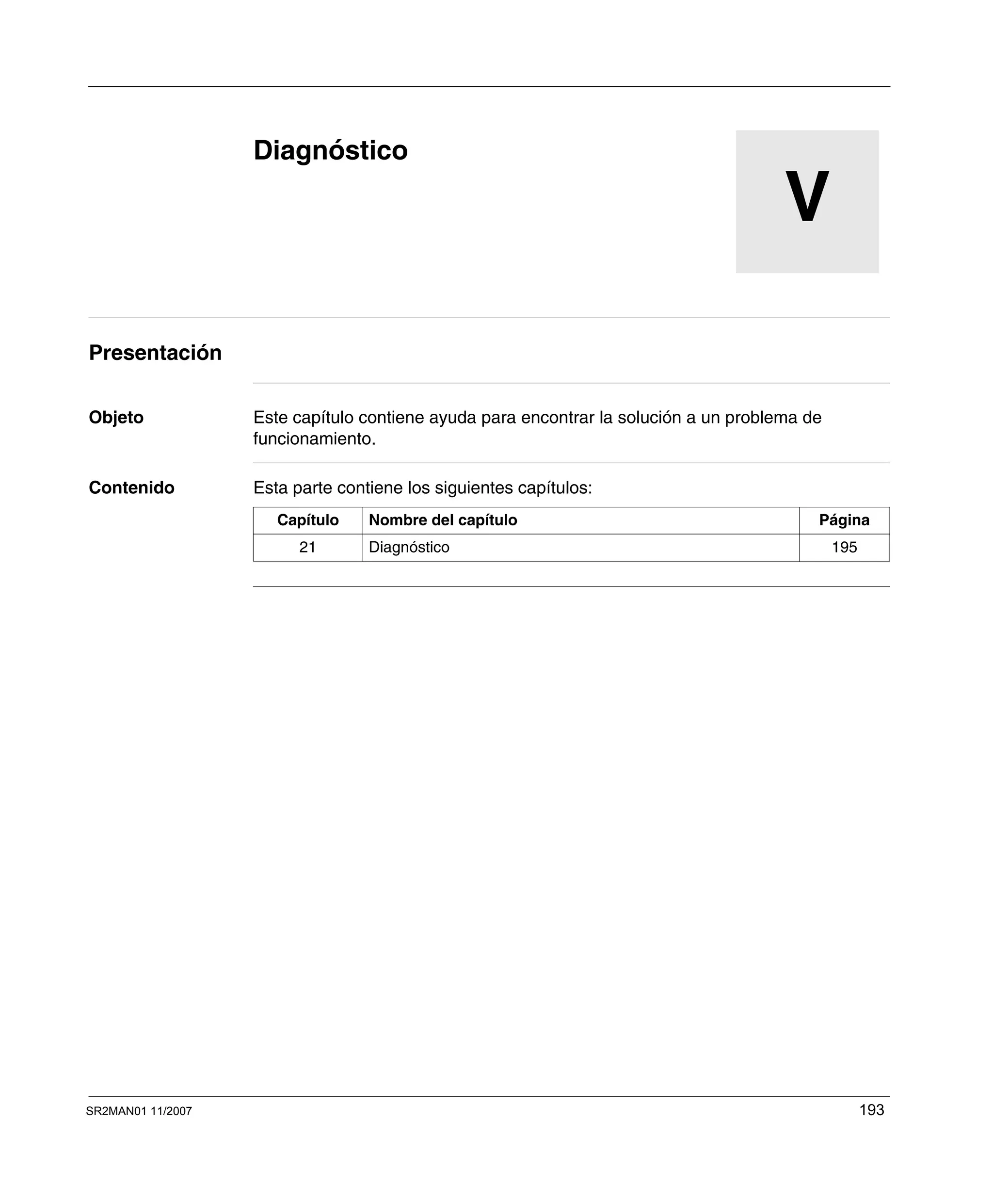 SR2MAN01 11/2007 193
V
Diagnóstico
Presentación
Objeto Este capítulo contiene ayuda para encontrar la solución a un problema de
funcionamiento.
Contenido Esta parte contiene los siguientes capítulos:
Capítulo Nombre del capítulo Página
21 Diagnóstico 195
 