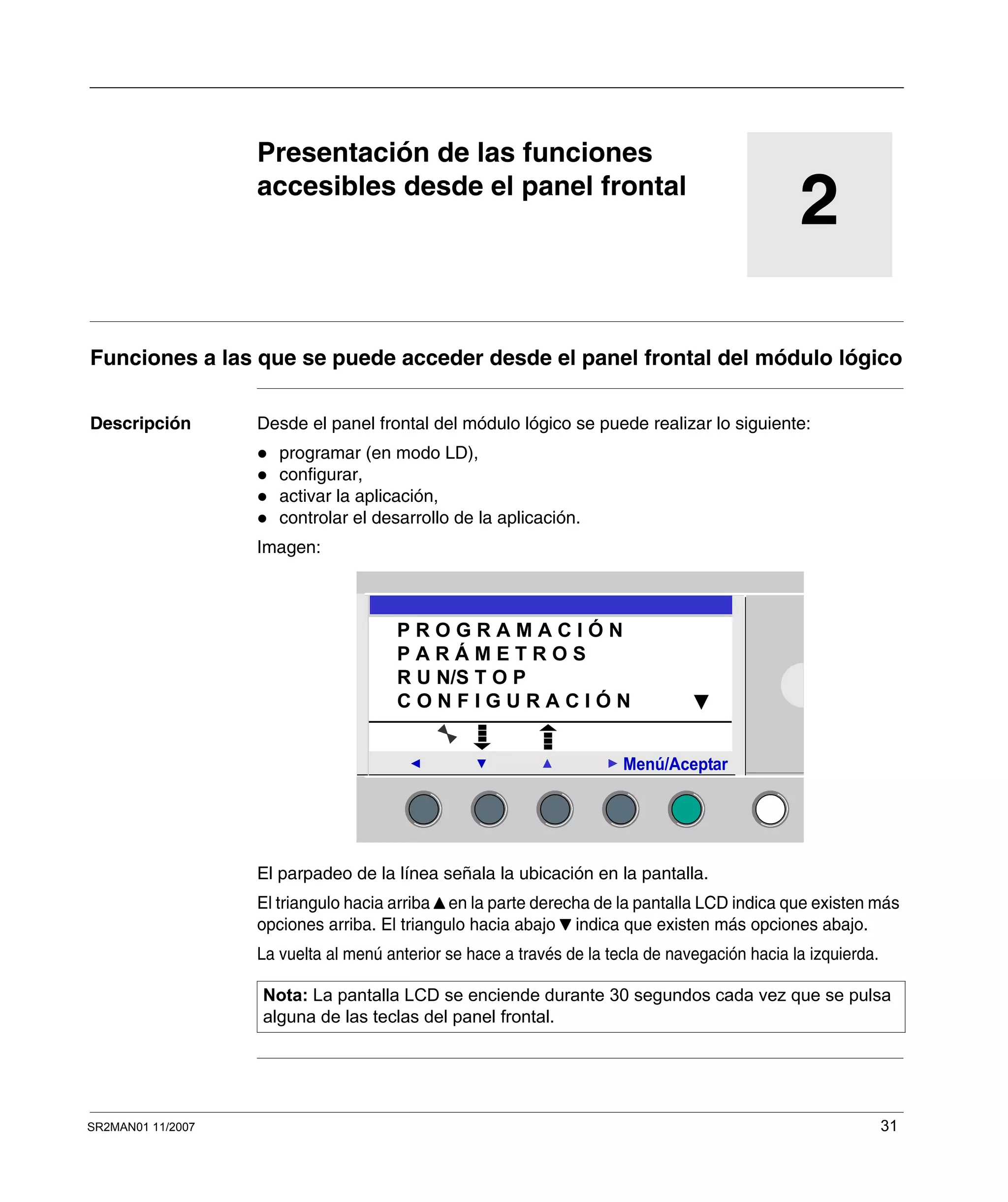 SR2MAN01 11/2007 31
2
Presentación de las funciones
accesibles desde el panel frontal
Funciones a las que se puede acceder desde el panel frontal del módulo lógico
Descripción Desde el panel frontal del módulo lógico se puede realizar lo siguiente:
programar (en modo LD),
configurar,
activar la aplicación,
controlar el desarrollo de la aplicación.
Imagen:
El parpadeo de la línea señala la ubicación en la pantalla.
El triangulo hacia arriba en la parte derecha de la pantalla LCD indica que existen más
opciones arriba. El triangulo hacia abajo indica que existen más opciones abajo.
La vuelta al menú anterior se hace a través de la tecla de navegación hacia la izquierda.
Nota: La pantalla LCD se enciende durante 30 segundos cada vez que se pulsa
alguna de las teclas del panel frontal.
2
Menú/Aceptar
P R O G R A M A C I Ó N
P A R Á M E T R O S
R U N/S T O P
C O N F I G U R A C I Ó N
 