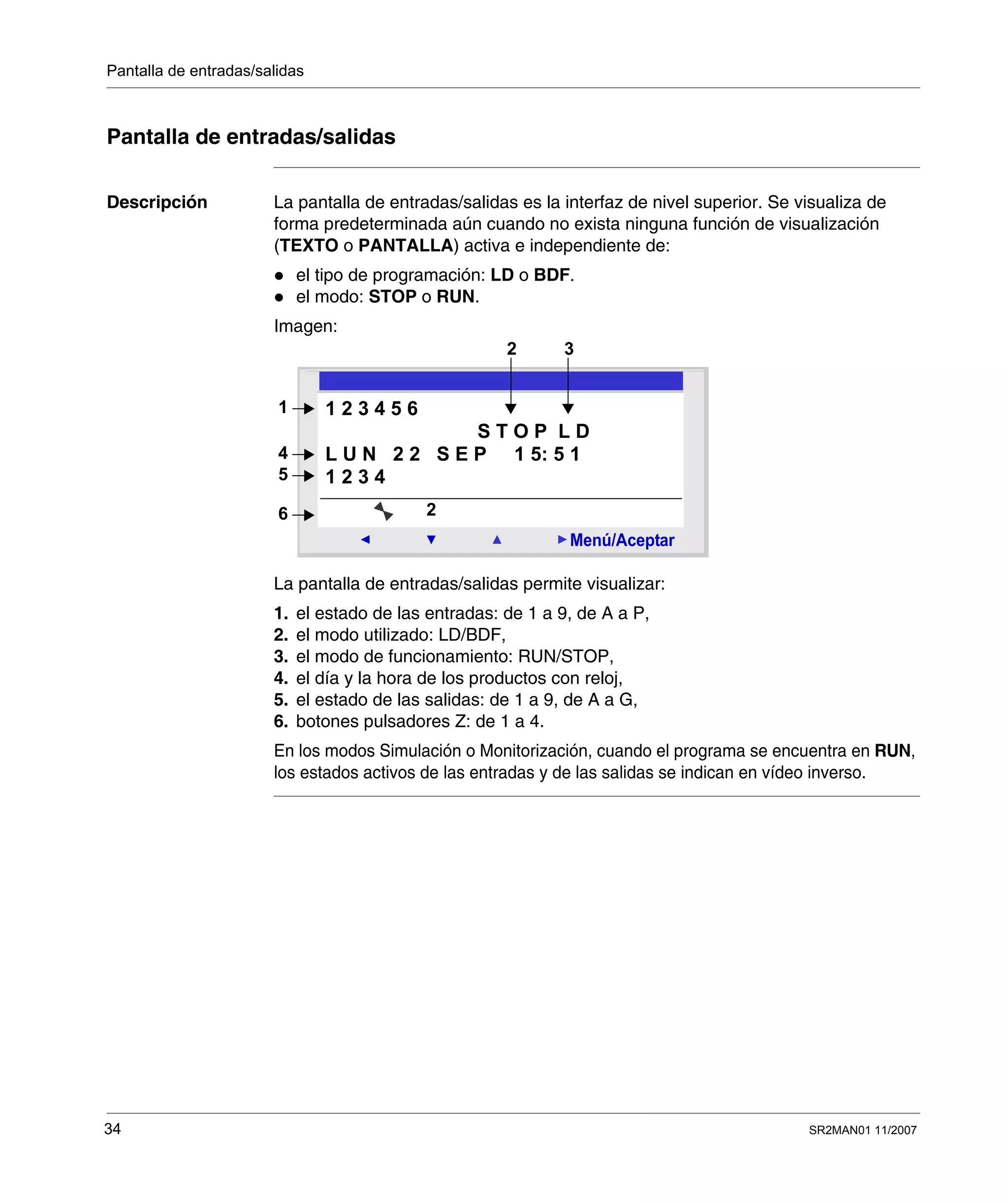 Pantalla de entradas/salidas
34 SR2MAN01 11/2007
Pantalla de entradas/salidas
Descripción La pantalla de entradas/salidas es la interfaz de nivel superior. Se visualiza de
forma predeterminada aún cuando no exista ninguna función de visualización
(TEXTO o PANTALLA) activa e independiente de:
el tipo de programación: LD o BDF.
el modo: STOP o RUN.
Imagen:
La pantalla de entradas/salidas permite visualizar:
1. el estado de las entradas: de 1 a 9, de A a P,
2. el modo utilizado: LD/BDF,
3. el modo de funcionamiento: RUN/STOP,
4. el día y la hora de los productos con reloj,
5. el estado de las salidas: de 1 a 9, de A a G,
6. botones pulsadores Z: de 1 a 4.
En los modos Simulación o Monitorización, cuando el programa se encuentra en RUN,
los estados activos de las entradas y de las salidas se indican en vídeo inverso.
2
Menú/Aceptar
2
1 2 3 4 5 6
S T O P L D
L U N 2 2 S E P 1 5: 5 1
1 2 3 4
1
4
5
6
2 3
 