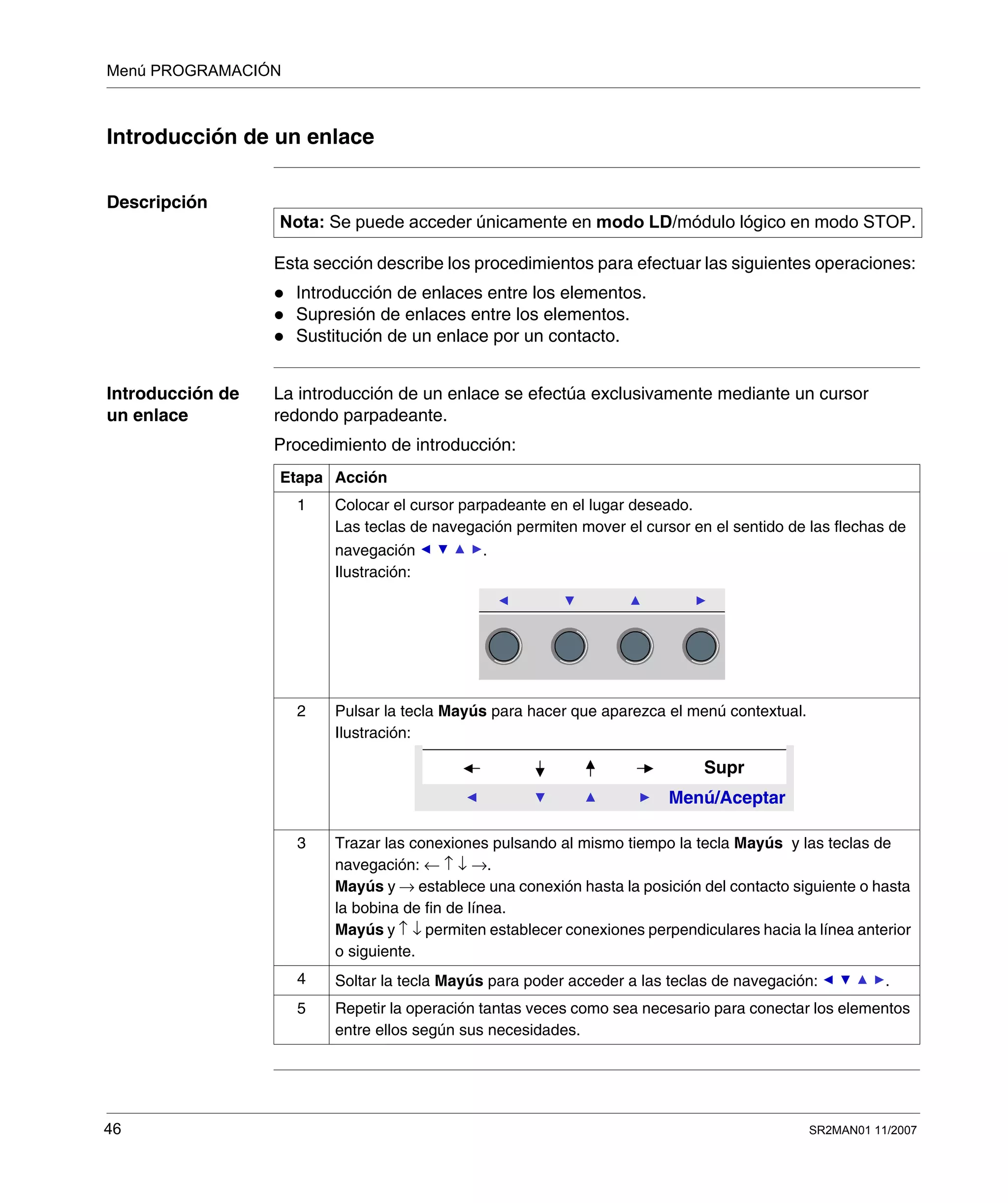 Menú PROGRAMACIÓN
46 SR2MAN01 11/2007
Introducción de un enlace
Descripción
Esta sección describe los procedimientos para efectuar las siguientes operaciones:
Introducción de enlaces entre los elementos.
Supresión de enlaces entre los elementos.
Sustitución de un enlace por un contacto.
Introducción de
un enlace
La introducción de un enlace se efectúa exclusivamente mediante un cursor
redondo parpadeante.
Procedimiento de introducción:
Nota: Se puede acceder únicamente en modo LD/módulo lógico en modo STOP.
Etapa Acción
1 Colocar el cursor parpadeante en el lugar deseado.
Las teclas de navegación permiten mover el cursor en el sentido de las flechas de
navegación .
Ilustración:
2 Pulsar la tecla Mayús para hacer que aparezca el menú contextual.
Ilustración:
3 Trazar las conexiones pulsando al mismo tiempo la tecla Mayús y las teclas de
navegación: ← ↑ ↓ →.
Mayús y → establece una conexión hasta la posición del contacto siguiente o hasta
la bobina de fin de línea.
Mayús y ↑ ↓ permiten establecer conexiones perpendiculares hacia la línea anterior
o siguiente.
4 Soltar la tecla Mayús para poder acceder a las teclas de navegación: .
5 Repetir la operación tantas veces como sea necesario para conectar los elementos
entre ellos según sus necesidades.
Menú/Aceptar
Supr
 