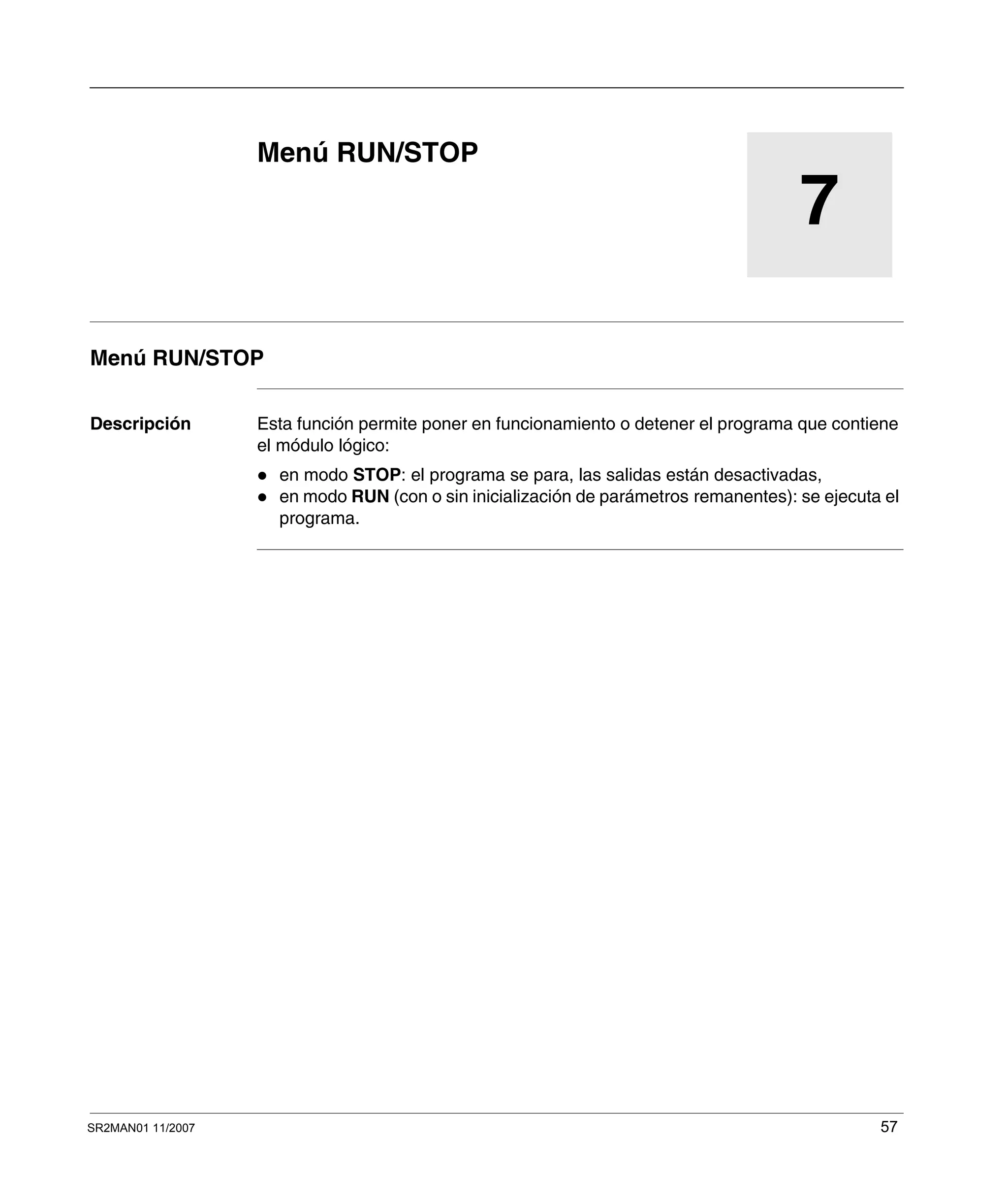 SR2MAN01 11/2007 57
7
Menú RUN/STOP
Menú RUN/STOP
Descripción Esta función permite poner en funcionamiento o detener el programa que contiene
el módulo lógico:
en modo STOP: el programa se para, las salidas están desactivadas,
en modo RUN (con o sin inicialización de parámetros remanentes): se ejecuta el
programa.
 