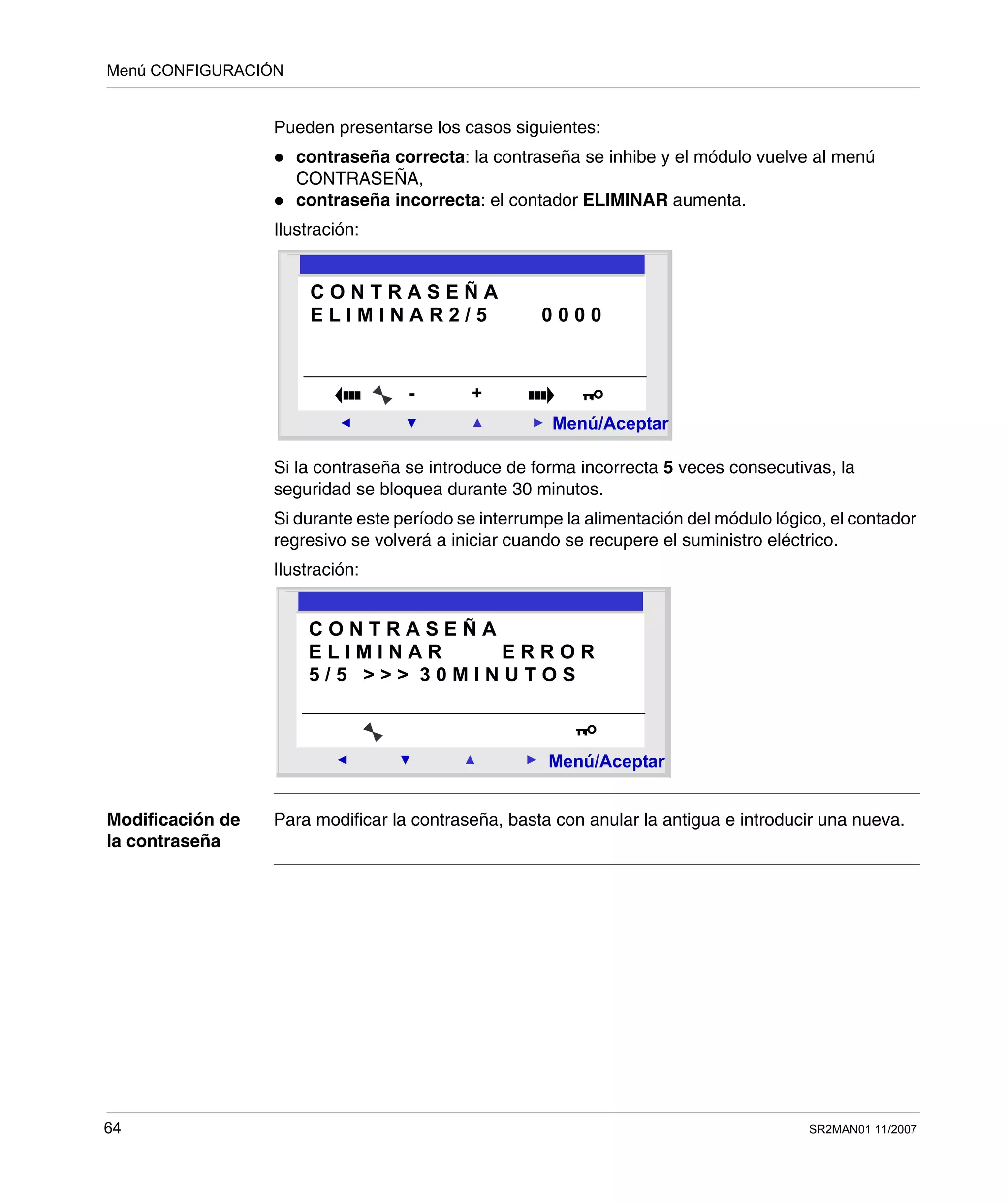 Menú CONFIGURACIÓN
64 SR2MAN01 11/2007
Pueden presentarse los casos siguientes:
contraseña correcta: la contraseña se inhibe y el módulo vuelve al menú
CONTRASEÑA,
contraseña incorrecta: el contador ELIMINAR aumenta.
Ilustración:
Si la contraseña se introduce de forma incorrecta 5 veces consecutivas, la
seguridad se bloquea durante 30 minutos.
Si durante este período se interrumpe la alimentación del módulo lógico, el contador
regresivo se volverá a iniciar cuando se recupere el suministro eléctrico.
Ilustración:
Modificación de
la contraseña
Para modificar la contraseña, basta con anular la antigua e introducir una nueva.
2
Menú/Aceptar
- +
C O N T R A S E Ñ A
E L I M I N A R 2 / 5 0 0 0 0
2
Menú/Aceptar
C O N T R A S E Ñ A
E L I M I N A R E R R O R
5 / 5 > > > 3 0 M I N U T O S
 