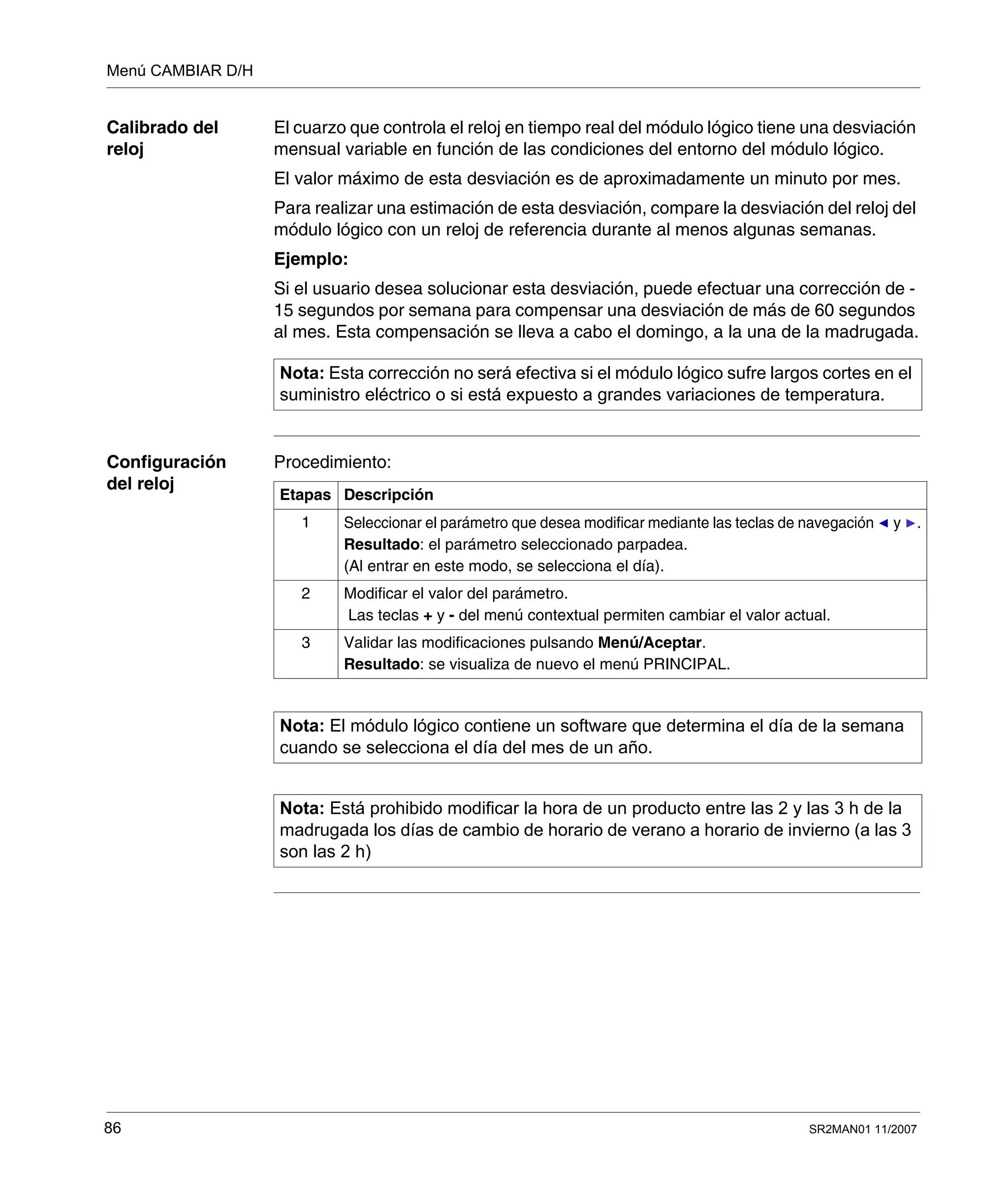 Menú CAMBIAR D/H
86 SR2MAN01 11/2007
Calibrado del
reloj
El cuarzo que controla el reloj en tiempo real del módulo lógico tiene una desviación
mensual variable en función de las condiciones del entorno del módulo lógico.
El valor máximo de esta desviación es de aproximadamente un minuto por mes.
Para realizar una estimación de esta desviación, compare la desviación del reloj del
módulo lógico con un reloj de referencia durante al menos algunas semanas.
Ejemplo:
Si el usuario desea solucionar esta desviación, puede efectuar una corrección de -
15 segundos por semana para compensar una desviación de más de 60 segundos
al mes. Esta compensación se lleva a cabo el domingo, a la una de la madrugada.
Configuración
del reloj
Procedimiento:
Nota: Esta corrección no será efectiva si el módulo lógico sufre largos cortes en el
suministro eléctrico o si está expuesto a grandes variaciones de temperatura.
Etapas Descripción
1 Seleccionar el parámetro que desea modificar mediante las teclas de navegación y .
Resultado: el parámetro seleccionado parpadea.
(Al entrar en este modo, se selecciona el día).
2 Modificar el valor del parámetro.
Las teclas + y - del menú contextual permiten cambiar el valor actual.
3 Validar las modificaciones pulsando Menú/Aceptar.
Resultado: se visualiza de nuevo el menú PRINCIPAL.
Nota: El módulo lógico contiene un software que determina el día de la semana
cuando se selecciona el día del mes de un año.
Nota: Está prohibido modificar la hora de un producto entre las 2 y las 3 h de la
madrugada los días de cambio de horario de verano a horario de invierno (a las 3
son las 2 h)
 