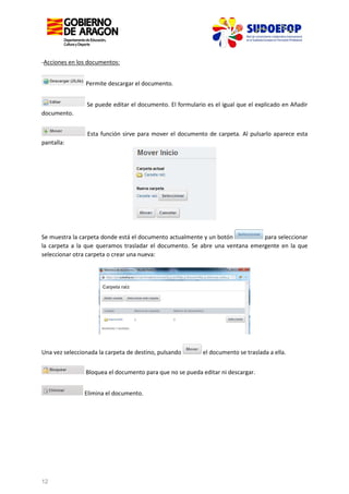 -Acciones en los documentos:
Permite descargar el documento.
Se puede editar el documento. El formulario es el igual que el explicado en Añadir
documento.
Esta función sirve para mover el documento de carpeta. Al pulsarlo aparece esta
pantalla:

Se muestra la carpeta donde está el documento actualmente y un botón
para seleccionar
la carpeta a la que queramos trasladar el documento. Se abre una ventana emergente en la que
seleccionar otra carpeta o crear una nueva:

Una vez seleccionada la carpeta de destino, pulsando

el documento se traslada a ella.

Bloquea el documento para que no se pueda editar ni descargar.
Elimina el documento.

12

 