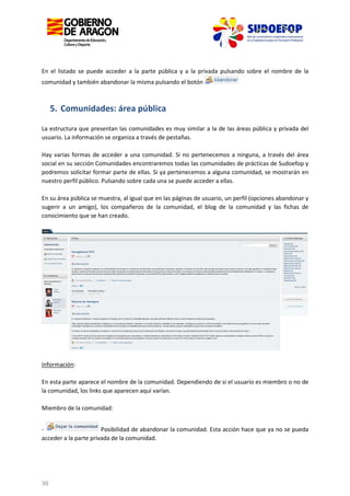 En el listado se puede acceder a la parte pública y a la privada pulsando sobre el nombre de la
comunidad y también abandonar la misma pulsando el botón

5. Comunidades: área pública
La estructura que presentan las comunidades es muy similar a la de las áreas pública y privada del
usuario. La información se organiza a través de pestañas.
Hay varias formas de acceder a una comunidad. Si no pertenecemos a ninguna, a través del área
social en su sección Comunidades encontraremos todas las comunidades de prácticas de Sudoefop y
podremos solicitar formar parte de ellas. Si ya pertenecemos a alguna comunidad, se mostrarán en
nuestro perfil público. Pulsando sobre cada una se puede acceder a ellas.
En su área pública se muestra, al igual que en las páginas de usuario, un perfil (opciones abandonar y
sugerir a un amigo), los compañeros de la comunidad, el blog de la comunidad y las fichas de
conocimiento que se han creado.

Información:
En esta parte aparece el nombre de la comunidad. Dependiendo de si el usuario es miembro o no de
la comunidad, los links que aparecen aquí varían.
Miembro de la comunidad:
Posibilidad de abandonar la comunidad. Esta acción hace que ya no se pueda
acceder a la parte privada de la comunidad.

39

 