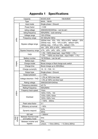 - 23 -
Appendix 1 Specifications
Capacity 6kVA/5.4kW 10kVA/9kW
Type 6kVA；10kVA
input
Input mode Single phase + Ground
Power factor ≥0.99
rating voltage 208/220/230/240Vac（can be set）
rating frequency 50Hz/60Hz（auto sensing）
Voltage range 120~276Vac
Frequency range 45~55Hz/54~66Hz
Bypass voltage range
220Vac max：10%，15%，20% or 25%，default ：25%
230Vac max：10%，15% or 20%，default +20%
240Vac max：+10% or 15%，default +15%
min：20%, 30% or 45%, default 45%
Bypass frequency range ±1%、±2%、±4%、±5%、±10%
THDI
≤3%（100% linear load，input THDV ≤1%）
≤5% （100% non liner load，input THDV ≤1%）
battery
Battery number 16/18/20pcs（can be set）
Battery type VRLA
Charge model Boost charge or float charge auto switch
Charge time Boost charge up to 20Hr(Max)
Charge current(A) 1A（S）/10A（H）
output
Output type Single phase + Ground
Output precision ±1.0%；
Voltage distortion
（THD）
≤2% at 100% liner load
≤5% at 100% non-liner load
Rating voltage 208/220/230V/240Vac
Frequency precision ±0.1%
Rating Frequency 50Hz/60Hz
Freqency track speed 1Hz/s
Overload
105%~110%，1Hr
110%~125% 10min
125%~150% 1min
≥150% 200ms
Peak value factor 3:1
Efficiency at normal ≥93%
Dynamic respond
5.0%
20ms
DC heft ≤500mV
Switch
time
Between Normal mode
and battery mode
0ms
Between inverter and
bypass
0ms
unlock：＜15ms (50Hz), ＜13.33ms (60Hz)
 