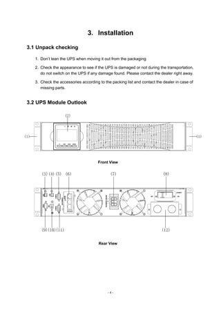 - 4 -
3．Installation
3.1 Unpack checking
1. Don’t lean the UPS when moving it out from the packaging
2. Check the appearance to see if the UPS is damaged or not during the transportation,
do not switch on the UPS if any damage found. Please contact the dealer right away.
3. Check the accessories according to the packing list and contact the dealer in case of
missing parts.
3.2 UPS Module Outlook
Front View
Rear View
 