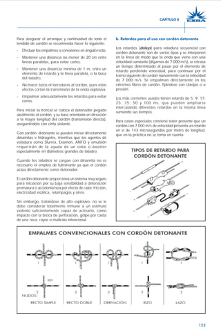 123
Para asegurar el arranque y continuidad de todo el
tendido de cordón se recomienda hacer lo siguiente:
- Efectuar los empalmes o conexiones en ángulo recto.
- Mantener una distancia no menor de 20 cm entre
líneas paralelas, para evitar cortes.
- Mantener una distancia mínima de 1 m, entre un
elemento de retardo y la línea paralela, o la boca
del taladro.
- No hacer lazos ni torceduras al cordón, pues estos
efectos cortan la transmisión de la onda explosiva.
- Empalmar adecuadamente los retardos para evitar
cortes.
Para iniciar la troncal se coloca el detonador pegado
axialmente al cordón, y su base orientada en dirección
a la mayor longitud del cordón (transmisión directa),
asegurándolo con cinta aislante.
Con cordón detonante se pueden iniciar directamente
dinamitas e hidrogeles, mientras que los agentes de
voladura como Slurrex, Examon, ANFO y emulsión
requerirán de la ayuda de un cebo o booster
especialmente en diámetros grandes de taladro.
Cuando los taladros se cargan con dinamita no es
necesario el empleo de fulminante ya que el cordón
actúa directamente como detonador.
El cordón detonante proporciona un sistema muy seguro
para iniciación por su baja sensibilidad a detonación
prematura o accidental sea por efecto de calor, fricción,
electricidad estática, relámpagos y otros.
Sin embargo, tratándose de alto explosivo, no se le
debe considerar totalmente inmune a un estímulo
violento suficientemente capaz de activarlo, como
impacto con la broca de perforación, golpe por caída
de una roca, rayos o maltrato intencional.
b. Retardos para el uso con cordón detonante
Los retardos (delays) para voladura secuencial con
cordón detonante son de varios tipos y se interponen
en la línea de modo que la onda que viene con una
velocidad constante (digamos de 7 000 m/s), se retrasa
un tiempo determinado al pasar por el elemento de
retardo perdiendo velocidad, para continuar por el
tramo siguiente de cordón nuevamente con la velocidad
de 7 000 m/s. Se empalman directamente en los
extremos libres de cordón, fijándose con clavijas o a
presión.
Los más corrientes usados tienen retardo de 5; 9; 17;
25; 35; 50 y 100 ms, que pueden ampliarse
intercalando diferentes retardos en la misma línea
sumando sus tiempos.
Para casos especiales conviene tener presente que un
cordón con 7 000 m/s de velocidad presenta un retardo
en sí de 143 microsegundos por metro de longitud,
que en la práctica no se toma en cuenta.
CAPÍTULO 8
 