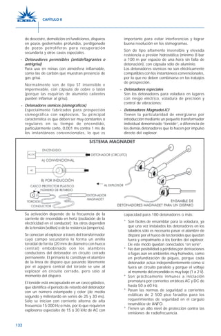 132
Su activación depende de la frecuencia de la
corriente de encendido en hertz (oscilación de la
electricidad en el conductor); los otros dependen
de la tensión (voltios) o de la resistencia (amperios).
Se conectan al explosor a través del transformador
cuyo campo secundario lo forma un anillo
toroidal de ferrita (20 mm de diámetro con hueco
central) embobinado con los alambres
conductores del detonador en circuito cerrado
permanente. El primario lo constituye el alambre
de la línea de disparo que pasando libremente
por el agujero central del toroide se une al
explosor en circuito cerrado, pero sólo al
momento del disparo.
El toroide está encapsulado en un casco plástico,
que identifica el período de retardo del detonador
con un número estampado y color (de medio
segundo y miliretardo en series de 25 y 30 ms).
Sólo se inician con corriente alterna de alta
frecuencia 15 000 Hz o más, por lo que requieren
explosores especiales de 15 ó 30 kHz de AC con
capacidad para 100 detonadores o más:
* Son fáciles de ensamblar para la voladura, ya
que una vez instalados los detonadores en los
taladros sólo es necesario pasar el alambre de
disparo por el hueco de los toroides que quedan
fuera y empalmarlo a los bordes del explosor.
De este modo quedan conectados “en serie”.
* No dan posibilidad a pérdidas por derivaciones
o fugas aún en ambientes muy húmedos, como
en profundización de piques, porque cada
detonador actúa independientemente como si
fuera un circuito paralelo y porque el voltaje
al momento del encendido es muy bajo (1 a 2 V).
* Son prácticamente inmunes a iniciación
prematura por corrientes erráticas AC y DC de
hasta 50 a 60 Hz.
* Pasan las normas de seguridad a corrientes
estáticas de 2 500 pico faradios para los
requerimientos de seguridad en el carguío
neumático de ANFO.
* Tienen un alto nivel de protección contra las
emisiones de radiofrecuencia.
de descostre, demolición en fundiciones, disparos
en pozos geotermales profundos, perdigonado
de pozos petrolíferos para recuperación
secundaria y otros casos especiales.
- Detonadores permisibles (antideflagrantes o
antrigrisú)
Para uso en minas con atmósfera inflamable,
como las de carbón que muestran presencia de
gas grisú.
Normalmente son de tipo ST insensible e
impermeable, con cápsula de cobre o latón
(porque las esquirlas de aluminio calientes
pueden inflamar al grisú).
- Detonadores sísmicos (sismográficos)
Especialmente fabricados para prospección
sismográfica con explosivos. Su principal
característica es que deben ser muy constantes o
regulares en su tiempo de encendido,
particularmente corto, 0,001 ms contra 1 ms de
los instantáneos convencionales, lo que es
importante para evitar interferencias y lograr
buena resolución en los sismogramas.
Son de tipo altamente insensible y elevada
resistencia a presión hidrostática (mínimo 8 bar
a 100 m por espacio de una hora sin falla de
detonación), con cápsula sólo de aluminio.
Los detonadores sísmicos no son eléctricamente
compatibles con los instantáneos convencionales,
por lo que no deben combinarse en los trabajos
de prospección.
- Detonadores especiales
Son los detonadores para voladura en lugares
con riesgo eléctrico, voladura de precisión y
control de vibraciones:
- Detonadores Magnadet-ICI
Tienen la particularidad de energizarse por
introducción mediante un pequeño transformador
individual denominado “toroide”, a diferencia de
los demás detonadores que lo hacen por impulso
directo del explosor.
CAPÍTULO 8
 