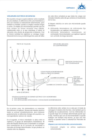 135
VOLADURA ELÉCTRICA SECUENCIAL
De acuerdo a lo que se quiera obtener como resultado
de una voladura, la diferencia entre una instantánea y
otra con retardos es notoriamente determinante, pero
también es notable cuando se emplea retardos largos
o cortos. El empleo de microretardos permite que los
tiros actúen en forma secuente muy rápida,
colaborando entre sí, lo que contribuye a reducir la
vibración y los efectos de proyección a distancia. Con
la misma cantidad de explosivo se consigue mayor
trituración de la roca y se disminuyen los casos de fallas
de cebo (tiros cortados) ya que todas las cargas son
iniciadas instantes antes de que comience el movimiento
de la roca.
El disparo eléctrico en serie con microretardo puede
efectuarse:
A. Utilizando detonadores de miliretardo fijo
incorporado y un explosor convencional.
B. Utilizando detonadores instantáneos, un
conmutador microretardador y un explosor especial
con corriente de larga duración.
En el primer caso, los detonadores se conectan
directamente al explosor. Al paso del impulso eléctrico
todos se activan simultáneamente, pero detonan
posteriormente en diferentes tiempos de acuerdo a su
correspondiente número de retardo.
En el segundo, el micro retardador se ubica entre el
explosor y el grupo de detonadores instantáneos. Al
paso del impulso eléctrico por el retardador se consigue
una conmutación de la corriente de encendido a
intervalos de tiempo determinados, lo que produce un
retardo entre los disparos.
La diferencia entre ambos no es sólo por el modo de
conseguir el retardo entre los tiros, sino también por la
amplitud de escalonamiento. Con los miliretardos no
se puede bajar de un tiempo determinado puesto que
es fijo, mientras que con un microretardador se puede
trabajar con tiempos muy breves, ya que con este
sistema se pueden variar a voluntad los intervalos de
retardo.
Disparo con microretardos convencionales
- Conexión simple: se utiliza explosores
convencionales.
CAPÍTULO 8
 