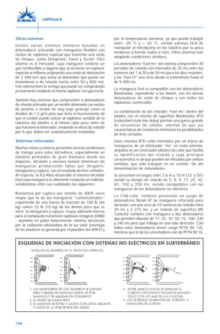144
Otros sistemas
Existen varios sistemas similares basados en
detonadores activando con mangueras flexibles con
núcleo de explosivo especial que transmite una onda
de choque, como Detaprime, Fanel y Tecnel. Otro
sistema es el Hercudet, cuya manguera contiene un
gas combustible y oxígeno que al accionar un explosor
especial se inflama originando una onda de detonación
de 2 400 m/s que actúa al detonador que puede ser
instantáneo o de retardo (series entre 50 y 850 ms).
Este sistema tiene la ventaja que puede ser comprobado
previamente mediante el mismo explosor con gas inerte.
También hay sistemas que comprenden a detonadores
de retardo activados por un cordón detonante con núcleo
de pentrita o similar de muy bajo gramaje como el
Anoline de 1,5 g/m pero que tiene el inconveniente de
que el cordón puede activar al explosivo sensible de la
columna del taladro o al mismo cebo poco antes de
que funcione el detonador, anulando el efecto de retardo
por lo que deben ser cuidadosamente instalados.
Sistemas reforzados
Muchas minas y canteras presentan severas condiciones
de trabajo para estos iniciadores, especialmente en
taladros profundos de gran diámetro donde los
impactos, abrasión y excesiva tensión deterioran las
mangueras produciendo fallas por desgarre,
elongación y ruptura, con el resultado de tiros cortados.
Al respecto, la ICI-Atlas desarrolló el sistema iniciador
Exel cuya manguera es altamente resistente al maltrato,
señalándose entre sus cualidades las siguientes:
Resistencia por ruptura por tensión de 400% veces
mayor que la de las mangueras “convencionales”,
requiriendo de una fuerza de tracción de 100 lb (46
kg) contra 22 lb (10 kg) de las demás para que se
inicie la elongación y ruptura; mayor adhesión interna
para el compuesto transmisor explosivo octógeno (HMX)
- aluminio en polvo básicamente mínima afectación
por la radiación ultravioleta de la luz solar (enemiga
de los plásticos en general) por el petróleo del ANFO y
por la temperaturas extremas, ya que puede trabajar
entre -20 °C y + 65 °C, siendo además fácil de
manipular al introducirla en los taladros por su poca
tendencia a formar nudos o rizos. Otros sistemas han
adoptado condiciones similares.
Los detonadores “Exel ms” del sistema comprenden 30
períodos de retardo con intervalos de 25 ms entre los
números del 1 al 20 y de 50 ms para los diez restantes,
y los “Exel LP” una serie desde el instantáneo hasta el
de 9 000 ms.
La manguera Exel es compatible con los detonadores
Blastmaster, equivalente a los Nonel, con los demás
detonadores de onda de choque y con todos los
explosivos comerciales.
La combinación de los retardos “Exel ms” dentro del
taladro con el retardo de superficie Blastmaster RTD
(redundant trunk line delay) permite una gama grande
de secuencias de salidas, además de que sus
características de resistencia minimizan las posibilidades
de tiros cortados.
Estos retardos RTD están formados por un tramo de
mangueras de un detonador “ms” en cada extremo,
alojados en un conectador plástico de color que facilita
su identificación del retardo y cuya principal
característica es de que pueden ser iniciados por ambos
sentidos, que sólo trabajan en un sentido. De ahí
denominación de redundantes.
Se presentan en largos entre 3,6 m y 15 m (12’ y 50’)
siendo su tiempo de retardo de 5, 8, 9, 17, 25, 42,
65, 100 y 200 ms, siendo compatibles con las
mangueras de los detonadores no eléctricos.
La CXA-Ltda. también presentan un juego de
detonadores Nonel XT de manguera reforzada para
abrasión, con una serie de 25 números de retardo entre
30 ms y 2 275 ms, y un retardo de superficie MS
Conector también con manguera y dos detonadores
que permiten dilación de 17; 25; 35; 50; 75; 100; 230
y 240 ms pero que trabaja en una sola dirección. Casi
todos estos detonadores tienen carga PETN (N° 12),
mientras que la de los conectadores son de PETN (N° 6).
CAPÍTULO 8
 