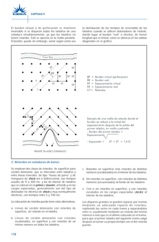 178
C. Retardos en voladuras de banco
Se emplean dos clases de retardos: de superficie para
cordón detonante, que se intercalan entre taladros y
entre líneas troncales, de tipo “hueso de perro” y de
manguera de shock uni ó bidireccional, con tiempos
usuales de 9 a 300 ms, y los de interior de taladros
que se colocan en el primer o booster, al fondo y en las
cargas espaciadas, generalmente son del tipo de
detonador no eléctrico de shock y muy eventualmente
eléctricos, con tiempos entre 5 y 100 ms.
La colocación de retardos puede tener estas alternativas:
a. Líneas de cordón detonante con retardos de
superficie, sin retardo en el taladro.
b. Líneas de cordón detonante con retardos
escalonados, en superficie y con retardos de un
mismo número en todos los taladros.
c. Retardos en superficie más retardos de distintos
números (escalonados) en el interior de los taladros.
d. Sin retardos en superficie, con retardos de distintos
números (secuenciados) al fondo de los taladros.
e. Con o sin retardos en superficie, y con retardos
escalados en las cargas espaciadas (decks) al
interior de los taladros.
Los disparos grandes se pueden separar por tramos
mediante un adecuado reparto de retardos,
repitiendo las series en cada tramo y separándolos
entre sí, usualmente mediante un retardo del mismo
número o más que es el último colocado en el tramo,
para que el primer taladro del siguiente tramo salga
después al sumar su propio tiempo con el del retardo
puente.
El burden virtual o de perforación se mantiene
invariable si se disparan todos los taladros de una
voladura simultáneamente, ya que los taladros no
tienen retardos. Esto se aprecia en la malla paralela.
El burden, puede sin embargo, variar según como sea
la distribución de los tiempos de encendido de los
taladros cuando se utilicen detonadores de retardo,
dando lugar al burden “real” o efectivo, de menor
longitud que el virtual, como se observa en las salidas
diagonales en el gráfico.
CAPÍTULO 9
 
