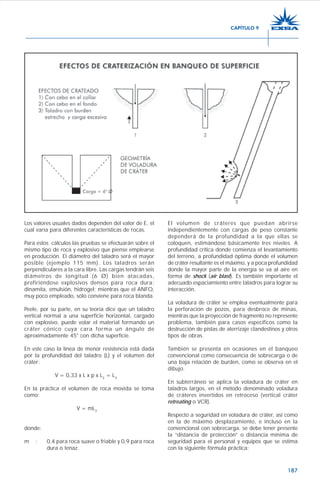 187
Los valores usuales dados dependen del valor de E, el
cual varía para diferentes características de rocas.
Para estos cálculos las pruebas se efectuarán sobre el
mismo tipo de roca y explosivo que piense emplearse
en producción. El diámetro del taladro será el mayor
posible (ejemplo 115 mm). Los taladros serán
perpendiculares a la cara libre. Las cargas tendrán seis
diámetros de longitud (6 Ø) bien atacadas,
prefiriéndose explosivos densos para roca dura:
dinamita, emulsión, hidrogel; mientras que el ANFO,
muy poco empleado, sólo conviene para roca blanda.
Peele, por su parte, en su teoría dice que un taladro
vertical normal a una superficie horizontal, cargado
con explosivo, puede volar el material formando un
cráter cónico cuya cara forma un ángulo de
aproximadamente 45° con dicha superficie.
En este caso la línea de menor resistencia está dada
por la profundidad del taladro (L) y el volumen del
cráter:
V = 0,33 x L x p x L2
= L3
En la práctica el volumen de roca movida se toma
como:
V = mL3
donde:
m : 0,4 para roca suave o friable y 0,9 para roca
dura o tenaz.
El volumen de cráteres que puedan abrirse
independientemente con cargas de peso constante
dependerá de la profundidad a la que ellas se
coloquen, estimándose básicamente tres niveles. A
profundidad crítica donde comienza el levantamiento
del terreno, a profundidad óptima donde el volumen
de cráter resultante es el máximo, y a poca profundidad
donde la mayor parte de la energía se va al aire en
forma de shock (air blast). Es también importante el
adecuado espaciamiento entre taladros para lograr su
interacción.
La voladura de cráter se emplea eventualmente para
la perforación de pozos, para desbroce de minas,
mientras que la proyección de fragmento no represente
problema, también para casos específicos como la
destrucción de pistas de aterrizaje clandestinos y otros
tipos de obras.
También se presenta en ocasiones en el banqueo
convencional como consecuencia de sobrecarga o de
una baja relación de burden, como se observa en el
dibujo.
En subterráneo se aplica la voladura de cráter en
taladros largos, en el método denominado voladura
de cráteres invertidos en retroceso (vertical cráter
retreating o VCR).
Respecto a seguridad en voladura de cráter, así como
en la de máximo desplazamiento, e incluso en la
convencional con sobrecarga, se debe tener presente
la “distancia de protección” o distancia mínima de
seguridad para el personal y equipos que se estima
con la siguiente fórmula práctica:
CAPÍTULO 9
 