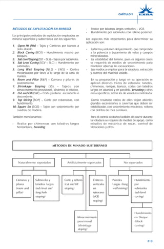 213
MÉTODOS DE EXPLOTACIÓN EN MINERÍA
Los principales métodos de explotación empleados en
minería superficial y subterránea son los siguientes:
1. Open Pit (Pits) – Tajos y Canteras por bancos a
cielo abierto.
2. Block Caving (BCV) – Hundimiento masivo por
bloques.
3. Sub Level Stoping (SST – SLS) – Tajeos por subniveles.
4. Sub Level Caving (SCV – SLC) – Hundimiento por
subniveles.
5. Long Wall Stoping (NLG – LWS) – Cortes
mecanizados por fases a lo largo de la cara de
mantos.
6. Room and Pillar (R&P) – Cámara y pilares de
sostenimiento.
7. Shrinkage Stoping (SS) – Tajeos con
almacenamiento provisional, dinámico o estático.
8. Cut and Fill (C&F) – Corte y relleno; ascendente o
descendente.
9. Top Slicing (TOP) – Corte por rebanadas, con
hundimiento.
10. Square Set (SQS) – Tajeo con sostenimiento por
cuadros de madera.
También mencionamos:
- Realce por chimeneas con taladros largos
horizontales, breasting.
- Realce por taladros largos verticales – VCR.
- Hundimiento por subniveles con relleno posterior.
Los aspectos más importantes para determinar su
aplicación son:
- La forma y volumen del yacimiento, que comprende
a la potencia y buzamiento de vetas y cuerpos
mineralizados.
----- La estabilidad del terreno, pues es algunos casos
se requerirá de medios de sostenimiento para
mantener abiertas las excavaciones.
- Los medios a emplear para la voladura, extracción
y acarreo del material volado.
En su preparación y luego en su operación se
aplican diversos trazos de voladura: túneles,
chimeneas, rampas, bancos, cortes con taladros
largos en abanico y en paralelo. breasting y otros
más específicos, como los de voladura controlada.
Como resultado varios de ellos dejan abiertas
grandes excavaciones o cavernas que deben ser
estabilizadas con sostenimiento mecánico, relleno
con detritos de roca o relaves.
Para el control de daños factibles de ocurrir durante
la voladura se requiere de medios de apoyo, como
estudios de mecánica de rocas, control de
vibraciones y otros.
MÉTODOS DE MINADO SUBTERRÁNEO
Naturalmente soportados Artificialmente soportados No soportados
Cámaras y Subniveles y Corte y relleno Cráteres Paredes Hundimiento
pilares taladros largos (cut and fill verticales Largas (long por
(room and (sub level and stoping) en wall mining) subniveles
pillar) long hole retroceso (sub level
stoping) (VCR caving)
stoping)
Hundimiento
Almacenamiento en bloque
provisional (block
(shrinkage caving)
stoping)
CAPÍTULO 9
 