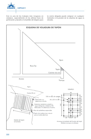 222
Éste es uno de los trabajos más riesgosos en
voladura, especialmente en las últimas fases de
perforación y durante el ensamble del disparo pues
la costra delgada puede colapsar en cualquier
momento si la presión de la columna de agua es
elevada.
CAPÍTULO 9
 