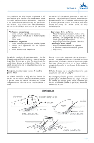 233
Los cachorros se aplican por lo general a los
pedrones de gran tamaño o de material muy tenaz,
donde las plastas no harían gran efecto, y las plastas
a los pedrones más pequeños en los que resulta
más costoso y lento el cachorreo. Toda mina tendría
así un determinado porcentaje de voladura
secundaria por cachorreo, quedando el resto para
plasteo. Estableciéndose los límites dimensionales
por experiencia. ambos métodos presentan ventajas
y desventajas para cuando se trata de aplicarlos
como mecánica de rutina, entre las que
mencionamos:
Las plastas requieren de explosivo denso y de alto
brisance para su efecto de impacto y para compensar
la pérdida de energía al aire. Se recomienda las
gelatinas en general y semigelatinas, (ésta en roca
dócil), los cachorros por el natural confinamiento son
menos exigentes.
Conejeras, madrigueras o huecos de culebra
(snake holes)
Un pedrón enterrado es muy difícil de romper por
encima con una plasta o aún con un cachorro, debido
a que las ondas de colisión resultantes no pueden
reflejarse contra las caras libres y se disipan en la
tierra.
En este caso es más conveniente colocar la carga por
debajo y en contacto con la piedra mediante un hueco
excavado en el terreno circundante, que se denomina
hueco de culebra, conejera, etc. la carga explosiva
romperá el pedrón, o en el peor de los casos lo
levantará.
El factor de carga por el natural confinamiento varía
usualmente entre 0,8 a 1,5 kg/m.
Para romper pedrones grandes semienterrados se
puede aplicar simultáneamente una carga en hueco
de culebra, por debajo, y una plasta o cachorro por
encima. Este método también se aplica para desenterrar
tocones de árboles.
Ventajas de los cachorros
- Menor consumo específico de explosivo.
- Fragmentación menuda por el efecto rompedor
radial.
- Menor ruido.
Ventajas de las plastas
- Menor tiempo de preparación, método rápido.
- Menor costo operativo por no requerir
perforación.
- Menor dispersión de fragmentos.
Desventajas de los cachorros
- Mayor tiempo de preparación, método lento.
- Mayor costo de perforación, consumo de
barrenos, aire comprimido, brocas, aceite,
tareas y desgaste de máquinas.
- Mayor proyección de fragmentos a distancia.
Desventajas de las plastas
- Mayor consumo específico de explosivo.
- Fragmentación relativamente más gruesa.
- Mayor ruido.
CAPÍTULO 10
 
