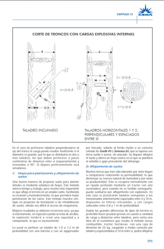 295
En el caso de perforarse taladros perpendiculares al
eje del tronco la carga puede resultar insuficiente si el
diámetro es grande, por lo que se distribuirá en dos o
más taladros, los que deben perforarse a pocos
centímetros de distancia entre sí (espaciamiento) y
orientados a 90°. El disparo preferentemente será
simultáneo.
C. Hoyos para plantaciones y aflojamiento de
suelos
Una buena manera de preparar suelo para plantar
árboles es mediante voladura de hoyos. Este método
ahorra tiempo y trabajo, pero mucho más importante
es que afloja el terreno en un amplio radio, facilitando
su creación y humedecimiento, lo que permitirá mejor
penetración de las raíces. Este método muestra ven-
tajas en proyectos de forestación o de rehabilitación
de suelos, donde sea difícil el acceso de maquinaria.
Mejores resultados se obtienen en terreno seco, ya que
si está húmedo, en especial cuando se trata de arcillas,
la explosión tenderá a crear una oquedad y a
compactarlo, lo que es inconveniente.
Lo usual es perforar un taladro de 1,0 a 1,2 m de
profundidad con una barreta o con un agujereador
por hincado, soltarle al fondo medio o un cartucho
cebado de Exadit 45 o Semexsa 65, que se tapona con
tierra suelta o arena, sin atacado. Su disparo aflojará
el suelo y abrirá un hoyo cónico en el que se plantará
el arbolito o gajo procedente del almácigo.
D. Aflojamiento de suelos
Muchas tierras que han sido labradas por años llegan
a compactarse reduciendo su permeabilidad, lo que
disminuye su reserva natural de humedad y por tanto
su productividad. Ésta se recupera normalmente con
un ripado profundo mediante un tractor con uña
escariadora, pero cuando no es factible conseguirlo,
puede sustituirse por aflojamiento con explosivos. En
este caso se practicarán taladros semejantes a los
mencionados anteriormente espaciados entre 4 y 10 m,
dispuestos en hileras reticuladas, y con cargas
colocadas entre 0,8 y 1 m de profundidad.
Dadas las grandes diferencias de tipos de terreno es
preferible hacer pruebas previas en cuanto a cantidad
de carga y distancias entre taladros, pero como una
idea de lo económico que resulta el método versus
combustible, tractor, hectáreas; con una caja de
dinamita de 25 kg, cargando a medio cartucho por
taladro y espaciándolos a 10 m entre sí, podrá aflojarse
CAPÍTULO 13
 