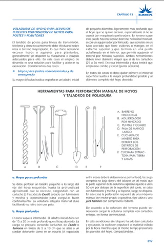 297
VOLADURAS DE APOYO PARA SERVICIOS
PÚBLICOS PERFORACIÓN DE HOYOS PARA
POSTES Y PLANTONES
El tendido de postes para líneas de transmisión,
telefonía y otros frecuentemente debe efectuarse sobre
roca o terreno inapropiado, lo que hace necesario
excavar hoyos o agujeros para plantarlos,
generalmente sin disponer la maquinaria o equipos
adecuados para ello. En este caso el empleo de
dinamita es una solución para facilitar y acelerar su
excavación. Consideramos dos casos:
A. Hoyos para postes convencionales y de
emergencia
Su mayor dificultad radica en perforar un taladro inicial
de pequeño diámetro, ligeramente más profundo que
el hoyo que se quiere excavar, especialmente si no se
cuenta con maquinaria perforadora. En terreno suave
esto puede hacerse con un barreno helicoidal manual,
o con un agujereador por hincado, que consiste en un
tubo acerado que tiene asideros o mangos en el
extremo superior y que termina en una punta
achaflanada en el inferior, que permite agujerear el
terreno por hincado sucesivo. Ambas herramientas
deben tener diámetro mayor que el de los cartuchos
(25 a 36 mm). En roca intermedia y dura tendrá que
emplearse combo y cincel (punta acerada).
En todos los casos se debe quitar primero el material
superficial suelto a la mayor profundidad posible y al
diámetro completo del hoyo deseado.
a. Hoyos pocos profundos
Se debe perforar un taladro pequeño a lo largo del
eje del hoyo requerido, hasta la profundidad
aproximada que se necesite, cargándolo con un
cartucho (o fracción) de Exadit, cebado con fulminante
y mecha y taponándolo para asegurar buen
confinamiento. La voladura aflojará material duro
facilitando su retiro con una pala.
b. Hoyos profundos
En roca suave a intermedia: El taladro inicial debe ser
de 15 a 20 cm más profundo que el hoyo deseado. La
carga se prepara cortando cartuchos de Exadit o
Semexsa en trozos de 5 a 10 cm que se atan a un
cordón detonante como en un rosario (el espaciado
entre trozos deberá determinarse por tanteos), la carga
completa se baja dentro del taladro de tal modo que
la parte superior de la columna explosiva quede a unos
50 cm por debajo de la superficie del suelo, se ceba
con fulminante y mecha y se tapona, luego se dispara.
En este caso la perforación requerirá de una máquina
manual con motor propio a gasolina, tipo cobra o una
jack hammer con compresora rodante.
De acuerdo a la cohesión del terreno puede ser
necesario cargar la columna completa con cartuchos
enteros, en forma convencional.
En estas condiciones si el disparo ha sido bien calculado
y ejecutado, la explosión expulsará al material volado
por la boca mientras que al mismo tiempo presionará
las paredes del hoyo, compactándolo.
CAPÍTULO 13
 