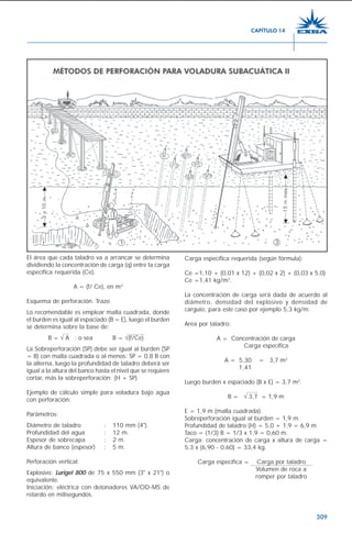 309
El área que cada taladro va a arrancar se determina
dividiendo la concentración de carga (q) entre la carga
específica requerida (Ce).
A = (f/ Ce), en m2
Esquema de perforación. Trazo
Lo recomendable es emplear malla cuadrada, donde
el burden es igual al espaciado (B = E), luego el burden
se determina sobre la base de:
B = √ A ; o sea B = √(f/Ce)
La Sobreperforación (SP) debe ser igual al burden (SP
= B) con malla cuadrada o al menos: SP = 0,8 B con
la alterna, luego la profundidad de taladro deberá ser
igual a la altura del banco hasta el nivel que se requiere
cortar, más la sobreperforación: (H + SP).
Ejemplo de cálculo simple para voladura bajo agua
con perforación:
Parámetros:
Diámetro de taladro : 110 mm (4").
Profundidad del agua : 12 m.
Espesor de sobrecapa : 2 m.
Altura de banco (espesor) : 5 m.
Perforación vertical:
Explosivo: Lurigel 800 de 75 x 550 mm (3" x 21") o
equivalente.
Iniciación: eléctrica con detonadores VA/OD-MS de
retardo en milisegundos.
Carga específica requerida (según fórmula):
Ce =1,10 + (0,01 x 12) + (0,02 x 2) + (0,03 x 5,0)
Ce =1,41 kg/m3
.
La concentración de carga será dada de acuerdo al
diámetro, densidad del explosivo y densidad de
carguío, para este caso por ejemplo 5,3 kg/m.
Area por taladro:
A = Concentración de carga
Carga específica
A = 5,30 = 3,7 m2
1,41
Luego burden x espaciado (B x E) = 3,7 m2
.
B = √ 3,7 = 1,9 m
E = 1,9 m (malla cuadrada).
Sobreperforación igual al burden = 1,9 m.
Profundidad de taladro (H) = 5,0 + 1,9 = 6,9 m
Taco = (1/3) B = 1/3 x 1,9 = 0,60 m.
Carga: concentración de carga x altura de carga =
5,3 x (6,90 - 0,60) = 33,4 kg.
Carga específica = Carga por taladro
Volumen de roca a
romper por taladro
CAPÍTULO 14
 