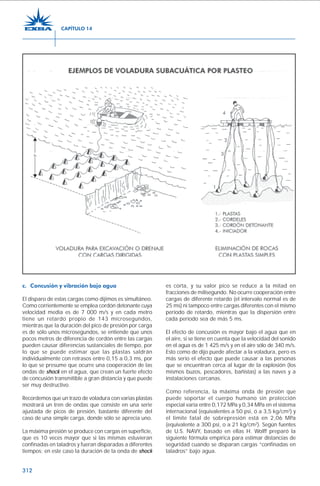 312
c. Concusión y vibración bajo agua
El disparo de estas cargas como dijimos es simultáneo.
Como corrientemente se emplea cordón detonante cuya
velocidad media es de 7 000 m/s y en cada metro
tiene un retardo propio de 143 microsegundos,
mientras que la duración del pico de presión por carga
es de sólo unos microsegundos, se entiende que unos
pocos metros de diferencia de cordón entre las cargas
pueden causar diferencias sustanciales de tiempo, por
lo que se puede estimar que las plastas saldrán
individualmente con retrasos entre 0,15 a 0,3 ms, por
lo que se presume que ocurre una cooperación de las
ondas de shock en el agua, que crean un fuerte efecto
de concusión transmitible a gran distancia y que puede
ser muy destructivo.
Recordemos que un trazo de voladura con varias plastas
mostrará un tren de ondas que consiste en una serie
ajustada de picos de presión, bastante diferente del
caso de una simple carga, donde sólo se aprecia uno.
La máxima presión se produce con cargas en superficie,
que es 10 veces mayor que si las mismas estuvieran
confinadas en taladros y fueran disparadas a diferentes
tiempos; en este caso la duración de la onda de shock
es corta, y su valor pico se reduce a la mitad en
fracciones de milisegundo. No ocurre cooperación entre
cargas de diferente retardo (el intervalo normal es de
25 ms) ni tampoco entre cargas diferentes con el mismo
período de retardo, mientras que la dispersión entre
cada período sea de más 5 ms.
El efecto de concusión es mayor bajo el agua que en
el aire, si se tiene en cuenta que la velocidad del sonido
en el agua es de 1 425 m/s y en el aire sólo de 340 m/s.
Esto como de dijo puede afectar a la voladura, pero es
más serio el efecto que puede causar a las personas
que se encuentran cerca al lugar de la explosión (los
mismos buzos, pescadores, bañistas) a las naves y a
instalaciones cercanas.
Como referencia, la máxima onda de presión que
puede soportar el cuerpo humano sin protección
especial varía entre 0,172 MPa y 0,34 MPa en el sistema
internacional (equivalentes a 50 psi, ó a 3,5 kg/cm2
) y
el límite fatal de sobrepresión está en 2,06 MPa
(equivalente a 300 psi, o a 21 kg/cm2
). Según fuentes
de U.S. NAVY, basado en ellas H. Wolff preparó la
siguiente fórmula empírica para estimar distancias de
seguridad cuando se disparan cargas “confinadas en
taladros” bajo agua.
CAPÍTULO 14
 