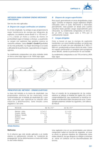 321
MÉTODOS PARA GENERAR ONDAS MEDIANTE
EXPLOSIVOS
Son tres los más aplicados:
A. Disparo de cargas confinadas en taladros
Es el más empleado. Su ventaja es que proporciona la
mejor transferencia de energía por kilogramo de
explosivo. Los taladros varían desde 51 a 102 mm (2”
a 4”) y desde un metro a cientos de metros en
profundidad según el trabajo a efectuar, y usualmente
se cargan con explosivo tipo gelatina sísmica en
cartuchos sellados, como Geodit o Geodit-P (pentolita)
en los más profundos. Su mayor desventaja es el costo
y dificultad de la perforación, especialmente en lugares
agrestes.
Su rendimiento comparativo con otros métodos tanto
en tierra como bajo agua es de 100% bajo agua.
B. Disparo de cargas superficiales
Poco usual, generalmente en áreas despobladas y bajo
agua. Consiste en disparar cargas explosivas simples
colocadas sobre el suelo, libremente o enterradas
parcialmente, éstas pueden ser desde unos cuantos
cartuchos hasta grandes cargas (especialmente para
refracción). Su rendimiento comparativo en tierra es
de un 20% y bajo agua sube a 75% por el
confinamiento natural.
C. Cargas dirigidas
Estas se basan en que la energía de explosión
transferida a un cono metálico produce un dardo que
penetra en el suelo con una velocidad de 5 000 a 7
000 m/s; produciendo un buen efecto de onda. Como
no requiere perforación es ventajoso para prospectar
áreas difíciles, donde la perforación no sea factible.
Su rendimiento comparativo es de 75% en tierra y 90%
bajo agua.
PRINCIPIOS DEL MÉTODO - ONDAS ELÁSTICAS
La base del método es la teoría de elasticidad. Las
propiedades elásticas de los materiales están
caracterizadas por el módulo de elasticidad (E), o por
otras constantes que especifican la relación entre
esfuerzos y deformaciones, tanto lineales como
angulares o de corte.
Para el estudio de la propagación de las ondas
elásticas se utilizan el módulo de rigidez (h) y el de
compresibilidad (K), que usualmente se muestran en
tablas en la literatura sobre mecánica de rocas. Como
ejemplo podemos señalar los siguientes, con valores
de Pascal.
Onda Elástica.
Definición
Si el esfuerzo que está siendo aplicado a un medio
elástico es súbitamente retirado, la “condición de
propagación” de las deformaciones a través del medio
es una onda elástica.
Una explosión crea en sus proximidades una intensa
compresión radial en fracción de segundos, al cesar
su efecto se generan impulsos de compresión como
ondas elásticas, las que después se reflejan o refractan
al entrar en contacto con las discontinuidades del
terreno.
CAPÍTULO 15
ROCA (K) (K): Pa x 10-10
(n): Pa x 10-10
Mármol - caliza 3,7 a 5,7 2,1 a 3,0
Granito - diorita 2,7 a 3,3 1,5 a 2,4
Diabasa - basalto 7,3 3,7
Arenisca 1,25 0,61
Cuarzo - Chert 1,5 3,0
Vidrio 5,0 2,5
Hierro 9,5 5,0
 