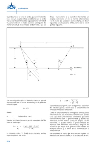 324
Cuando una de la serie de ondas que se refractan lo
hace con un ángulo crítico, se obtiene que la onda
viaje paralela al límite entre capas con una velocidad
V2
, generando en el medio superior un impulso de
menor amplitud denominado onda frontal, que se
dirige nuevamente a la superficie formando un
ángulo equivalente “a” con la normal a la interfase
en el punto de ubicación del geófono, es decir
siguiendo una trayectoria SABG, como se ve en el
gráfico siguiente.
De este segundo gráfico podemos deducir que el
tiempo para que la onda directa llegue al geófono
está dado por:
t = d/V1
donde:
d : distancia de S a C.
Por otro lado la onda que recorre la trayectoria SAC lo
hará en un tiempo:
t = d + 2 x h x ((V2
)2
- (V1
)2
)1/2
V2
V1
x V2
La distancia crítica “x” donde se encontrarán ambas
ecuaciones será por tanto:
d = 2 x h x (V2
+ V1
)
(V2
- V1
)
De donde se despeja “h”, que es la potencia o espesor
del estrato superior, siendo éste el fundamento del
“método sísmico de refracción”.
Como un terreno normal no homogéneo con frecuencia
esta constituido por materiales estratificados, donde
cada capa tiene una velocidad constante o que varía
uniformemente con la profundidad, y donde las
interfases pueden formar cualquier ángulo con la
horizontal, se puede estimar la gran cantidad de
impulsos con diferentes frecuencias y ángulos de
incidencia que llegan a un geófono como rebotes de
múltiples ondas, y lo difícil de su identificación e
interpretación.
Esto teniéndose en cuenta que no se requiere registrar las
ondas de corte, las de superficie, ni las de concusión de aire.
CAPÍTULO 15
 