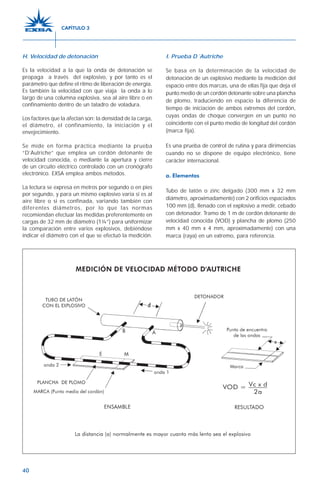 40
H. Velocidad de detonación
Es la velocidad a la que la onda de detonación se
propaga a través del explosivo, y por tanto es el
parámetro que define el ritmo de liberación de energía.
Es también la velocidad con que viaja la onda a lo
largo de una columna explosiva, sea al aire libre o en
confinamiento dentro de un taladro de voladura.
Los factores que la afectan son: la densidad de la carga,
el diámetro, el confinamiento, la iniciación y el
envejecimiento.
Se mide en forma práctica mediante la prueba
“D’Autriche” que emplea un cordón detonante de
velocidad conocida, o mediante la apertura y cierre
de un circuito eléctrico controlado con un cronógrafo
electrónico. EXSA emplea ambos métodos.
La lectura se expresa en metros por segundo o en pies
por segundo, y para un mismo explosivo varía si es al
aire libre o si es confinada, variando también con
diferentes diámetros, por lo que las normas
recomiendan efectuar las medidas preferentemente en
cargas de 32 mm de diámetro (1¼”) para uniformizar
la comparación entre varios explosivos, debiéndose
indicar el diámetro con el que se efectuó la medición.
I. Prueba D´Autriche
Se basa en la determinación de la velocidad de
detonación de un explosivo mediante la medición del
espacio entre dos marcas, una de ellas fija que deja el
punto medio de un cordón detonante sobre una plancha
de plomo, traduciendo en espacio la diferencia de
tiempo de iniciación de ambos extremos del cordón,
cuyas ondas de choque convergen en un punto no
coincidente con el punto medio de longitud del cordón
(marca fija).
Es una prueba de control de rutina y para dirimencias
cuando no se dispone de equipo electrónico, tiene
carácter internacional.
a. Elementos
Tubo de latón o zinc delgado (300 mm x 32 mm
diámetro, aproximadamente) con 2 orificios espaciados
100 mm (d), llenado con el explosivo a medir, cebado
con detonador. Tramo de 1 m de cordón detonante de
velocidad conocida (VOD) y plancha de plomo (250
mm x 40 mm x 4 mm, aproximadamente) con una
marca (raya) en un extremo, para referencia.
CAPÍTULO 3
 