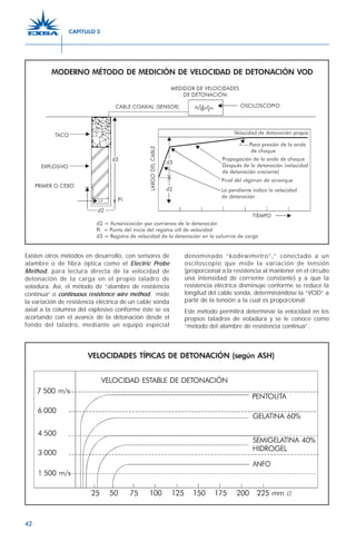 42
Existen otros métodos en desarrollo, con sensores de
alambre o de fibra óptica como el Electric Probe
Method, para lectura directa de la velocidad de
detonación de la carga en el propio taladro de
voladura. Así, el método de “alambre de resistencia
continua” o continuous resistence wire method, mide
la variación de resistencia eléctrica de un cable sonda
axial a la columna del explosivo conforme éste se va
acortando con el avance de la detonación desde el
fondo del taladro, mediante un equipo especial
denominado “kodewímetro”,” conectado a un
osciloscopio que mide la variación de tensión
(proporcional a la resistencia al mantener en el circuito
una intensidad de corriente constante) y a que la
resistencia eléctrica disminuye conforme se reduce la
longitud del cable sonda, determinándose la “VOD” a
partir de la tensión a la cual es proporcional.
Este método permitirá determinar la velocidad en los
propios taladros de voladura y se le conoce como
“método del alambre de resistencia continua”.
CAPÍTULO 3
 
