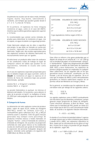45
Usualmente las escalas van de nula o mala, limitada,
regular, buena, muy buena, sobresaliente a
excelente, con tiempos que pueden gradar desde 0
a 1; 3; 5; 7 y más de 15 horas.
En la primera, el explosivo no tiene ninguna
resistencia al agua, como es el caso del ANFO,
mientras que la ultima garantiza exposición superior
a 12 horas.
Es recomendable que existan varios métodos de
prueba para determinar la resistencia al agua, sea
en reposo, en agua circulante o en agua bajo presión.
Cada fabricante adopta uno de ellos o especifica
uno propio, lo que debe ser tomado en cuenta por
el usuario, siguiendo las recomendaciones del
fabricante. Según esto, dos escalas expresadas para
dos explosivos similares de distintos fabricantes no
necesariamente tienen que ser iguales.
Al seleccionar un producto debe tratar de evaluarse
en las condiciones reales de trabajo en lugar de
comparar valores de tablas que pueden no ser
equivalentes, tomando la escala sólo como
referencia.
En el caso de explosivos especiales preparados para
uso en taladros largos con agua a presión, como el
GeoditGeoditGeoditGeoditGeodit, la resistencia al agua se expresa en el
mínimo de horas de resistencia bajo una presión
determinada, ejemplo:
mínimo 96 h a 10 kg/cm2
o también,
mínimo 960 h a 2 kg/cm2
La presión hidrostática es puntual, no interesa el
diámetro del taladro. En la práctica, para obtener el
valor de la presión en kg/m2
se multiplica el factor
25,3993 por cada pulgada de agua de columna del
taladro.
P. Categoría de humos
La detonación de todo explosivo comercial produce
polvo, vapor de agua (H2
O), óxidos de nitrógeno
(NO-NO2
) óxidos de carbono (CO-CO2
) y
eventualmente gases sulfurosos (H2
S, SO3
y AlO2
)si
contenía azufre o aluminio. Entre los gases inocuos
generados hay siempre cierto porcentaje de
productos irritantes tóxicos o letales llamados en
conjunto “humos”, como el monóxido de carbono y
el bióxido de nitrógeno. De acuerdo a la proporción
contenida de estos gases tóxicos se ha establecido
escalas de clasificación por grado de toxicidad para
la exposición del personal trabajador después del
disparo, teniendo como ejemplo a la siguiente del
USBM (Buró de Minas de USA):
CATEGORÍA VOLUMEN DE GASES NOCIVOS
(CO, NO2
)
1ra
de 0 a 0,16 pie3
2da
de 0,16 a 0,33 pie3
3ra
de 0,33 a 0,67 pie3
Cuya equivalencia métrica según el ISO es:
CATEGORÍA VOLUMEN DE GASES NOCIVOS
(CO, NO2
)
1ra
de 0 a 4,53 dm3
2da
de 4.53 a 9,34 dm3
3ra
de 9,34 a 18,96 dm3
Estas cifras se refieren a los gases producidos por el
disparo de ensayo de un cartucho de 1 ¼” x 8” (200 g)
con su envoltura de papel, en la denominada “cámara”
o “bomba Bichel”. Según esta categorización del USBM
aceptada por el Instituto de Fabricantes de Explosivos
(EMI, ISEE) y otras instituciones, los explosivos de
primera categoría pueden ser empleados en cualquier
labor subterránea, los de segunda sólo en las que
garantizan buena ventilación, usualmente con tiro
forzado, y los de tercera sólo en superficie. Tal es el
caso que el empleo de ANFO y otros nitrocarbonatos
granulares en minería subterránea requiere de un
permiso oficial del Ministerio de Energía y Minas.
Por lo general, se considera que los explosivos de uso
civil deben estar por debajo de los siguientes valores:
CO : 0,02 %
NO2
: 0,003 %
Los agentes explosivos como el ANFO eventualmente
son más tóxicos que las dinamitas y emulsiones, porque
generan mayor proporción de óxidos de nitrógeno.
Como referencia adicional, el Buró de Minas ruso
estima que la toxicidad del NO2
puede ser hasta 6,5
veces mayor que la del CO a una concentración molar
dada, de acuerdo a la siguiente relación referencial:
Y = XCO + 6,5 XNO2
En donde 6,5 es el factor de toxicidad relativa.Y, expresa
un simple número que se refiere al total de gases tóxicos
y donde XCO y XNO2
son volúmenes específicos en
litros, dados por la concentración de los gases en mg/
litro, el peso de la carga y la presión de gas después
de la explosión, según ello:
XCO = a x 1 000 x 0,08 x V x P (litros)
m x 100
CAPÍTULO 3
 