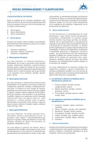 55
CLASIFICACIÓN DE LAS ROCAS
Dada la amplitud de los conceptos geológicos, sólo
como referencia se presenta una descripción elemental
de los tres grupos en los que se las ha clasificado, por
su origen y características:
A. Rocas ígneas.
B. Rocas sedimentarias.
C. Rocas metamórficas.
A. Rocas ígneas
Proceden del magma interior fundido, presentándose
preferentemente como intrusiones y lavas. Por su origen
y textura se clasifican como:
a. Intrusivas o plutónicas
B. Extrusivas, efusivas o volcánicas
c. Filonianas o hipoabisales
a. Rocas ígneas intrusivas
Las rocas intrusivas, se enfriaron lentamente a
profundidad, por lo que se presentan como grandes
cuerpos subyacentes (batolitos), muestran textura
granular gruesa, donde los cristales de sus minerales
componentes presentan dimensiones aproximadamente
similares entre sí e intercrecimiento, por lo que también
se las denomina rocas cristalinas. Ejemplo: granito,
gabro, diorita.
b. Rocas ígneas extrusivas
Las rocas extrusivas se enfriaron bruscamente a poca
profundidad o en la superficie, por lo que no todos sus
componentes pudieron cristalizar simultáneamente;
más bien, la mayoría no tuvo tiempo de hacerlo,
quedando como una matriz de grano fino que engloba
a algunos cristales mayores dispersos (fenocristales),
por lo que también se les denomina rocas porfiríticas
o pórfidas. Algunas son muy densas (como el basalto)
mientras que otras son ligeras como los tufos
volcánicos, e incluso porosas como la pómez.
Normalmente se presentan como mantos o capas de
lavas y cenizas volcánicas. Ejemplo: basalto, andesita,
riolita, tufo tipo sillar.
c. Rocas ígneas filonianas
Las rocas filonianas, de textura granular fina e
intermedia, densas y generalmente oscuras, se
presentan como diques e interestratificaciones por
inyección en grietas o fallas preexistentes en rocas más
antiguas. Ejemplo los diques de turmalina, de
pegmatita, lamprófidos y otros.
Las rocas ígneas en general, son densas, duras y
competentes, Pero tienden a descomponerse por acción
del intemperismo y otros procesos de alteración que
paulatinamente las transforman en arcilla, caolín, sílice
y otros detritos. Su enfriamiento dio lugar a la formación
de sistemas de fisuras de contracción (disyunción) que
muchas veces son típicos para cada tipo de roca (cúbica,
columnar, tubular, etc.) los que inciden directamente
en el resultado de las voladuras, mayormente con la
preformación de bolonería.
B. Rocas sedimentarias
Se han formado por la desintegración de rocas
preexistentes, cuyos detritos fueron transportados,
acumulados y compactados en extensas cuencas
marinas durante muy largos períodos de tiempo.
También por la descomposición y acumulación de
vegetales y vida animal o por la precipitación química
y decantación de soluciones minerales. La enorme
presión soportada por su propio engrosamiento las ha
consolidado en formas invariablemente estratificadas
o bandeadas (litificación o diagénesis), estratos o
mantos que posteriormente han sido intensamente
plegados y fallados por eventos tectónicos. Por tanto,
aparte de los planos de separación entre capas,
muestran complejos sistemas de fisuras de tensión
(diaclasas), que indudablemente también influyen en
la mecánica de voladura.
Las rocas sedimentarias no muestran cristales sino
fragmentos irregulares o granos redondeados, de
tamaños y distribución variables, con o sin cemento de
ligazón, siendo por tanto sus texturas desde fragmental
gruesa hasta muy fina y compactada:
a. Las detríticas o clásticas se clasifican por el
tamaño de sus granos en:
1. Gruesas (sefitas). Ejemplo: brechas,
conglomerados, gravas.
2. Medias (psamitas). Ejemplo: arenisca
grauwaca, arcosas.
3. Finas (pelitas). Ejemplo: pizarras, lutitas,
arcillas, filitas.
b. Las orgánicas y químicas se clasifican por su
composición en:
1. Calcáreas. Ejemplo: calizas, travertinos,
canchales.
2. Silíceas. Ejemplo: cuarcitas, silex, diatomita.
3. Alumínicas. Ejemplo: laterita, bauxita.
4. Ferruginosas. Ejemplo: limonita, taconita.
5. Salinas. Ejemplo: yeso, anhidrita, gema.
6. Carbonáceas. Ejemplo: lignito, antracita.
8. Fosfáticas.
C. Rocas metamórficas
Resultan de la transformación profunda de rocas ígneas
o sedimentarias por calor, grandes presiones y cambios
químicos debidos a fenómenos geológicos de gran
magnitud, como los de granitización.
CAPITULO 4
ROCAS GENERALIDADES Y CLASIFICACIÓN
 