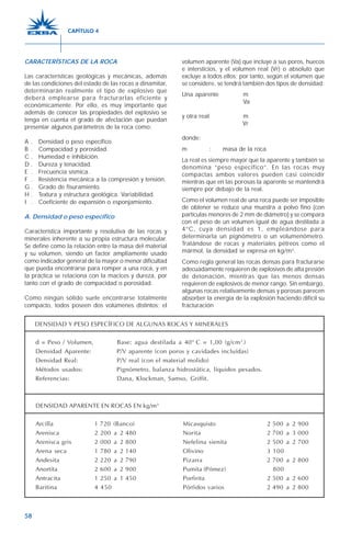 58
CARACTERÍSTICAS DE LA ROCA
Las características geológicas y mecánicas, además
de las condiciones del estado de las rocas a dinamitar,
determinarán realmente el tipo de explosivo que
deberá emplearse para fracturarlas eficiente y
económicamente. Por ello, es muy importante que
además de conocer las propiedades del explosivo se
tenga en cuenta el grado de afectación que puedan
presentar algunos parámetros de la roca como:
A . Densidad o peso específico.
B . Compacidad y porosidad.
C . Humedad e inhibición.
D . Dureza y tenacidad.
E . Frecuencia sísmica.
F . Resistencia mecánica a la compresión y tensión.
G . Grado de fisuramiento.
H . Textura y estructura geológica. Variabilidad.
I . Coeficiente de expansión o esponjamiento.
A. Densidad o peso específico
Característica importante y resolutiva de las rocas y
minerales inherente a su propia estructura molecular.
Se define como la relación entre la masa del material
y su volumen, siendo un factor ampliamente usado
como indicador general de la mayor o menor dificultad
que pueda encontrarse para romper a una roca, y en
la práctica se relaciona con la macices y dureza, por
tanto con el grado de compacidad o porosidad.
Como ningún sólido suele encontrarse totalmente
compacto, todos poseen dos volúmenes distintos; el
volumen aparente (Va) que incluye a sus poros, huecos
e intersticios, y el volumen real (Vr) o absoluto que
excluye a todos ellos; por tanto, según el volumen que
se considere, se tendrá también dos tipos de densidad:
Una aparente m
Va
y otra real m
Vr
donde:
m : masa de la roca.
La real es siempre mayor que la aparente y también se
denomina “peso específico”. En las rocas muy
compactas ambos valores pueden casi coincidir
mientras que en las porosas la aparente se mantendrá
siempre por debajo de la real.
Como el volumen real de una roca puede ser imposible
de obtener se reduce una muestra a polvo fino (con
partículas menores de 2 mm de diámetro) y se compara
con el peso de un volumen igual de agua destilada a
4°C, cuya densidad es 1, empleándose para
determinarla un pignómetro o un volumenómetro.
Tratándose de rocas y materiales pétreos como el
mármol, la densidad se expresa en kg/m3
.
Como regla general las rocas densas para fracturarse
adecuadamente requieren de explosivos de alta presión
de detonación, mientras que las menos densas
requieren de explosivos de menor rango. Sin embargo,
algunas rocas relativamente densas y porosas parecen
absorber la energía de la explosión haciendo difícil su
fracturación
DENSIDAD Y PESO ESPECÍFICO DE ALGUNAS ROCAS Y MINERALES
d = Peso / Volumen, Base: agua destilada a 40° C = 1,00 (g/cm3
.)
Densidad Aparente: P/V aparente (con poros y cavidades incluídas)
Densidad Real: P/V real (con el material molido)
Métodos usados: Pignómetro, balanza hidrostática, líquidos pesados.
Referencias: Dana, Klockman, Samso, Griffit.
DENSIDAD APARENTE EN ROCAS EN kg/m3
Arcilla 1.720 (Banco) Micasquisto 2.500 a 2.900
Arenisca 2.200 a 2.480 Norita 2.700 a 3.000
Arenisca gris 2.000 a 2.800 Nefelina sienita 2.500 a 2.700
Arena seca 1.780 a 2.140 Olivino 3.100
Andesita 2.220 a 2.790 Pizarra 2.700 a 2.800
Anortita 2.600 a 2.900 Pumita (Pómez) 0.800
Antracita 1.250 a 1.450 Porfirita 2.500 a 2.600
Baritina 4.450 Pórfidos varios 2.490 a 2.800
CAPÍTULO 4
 