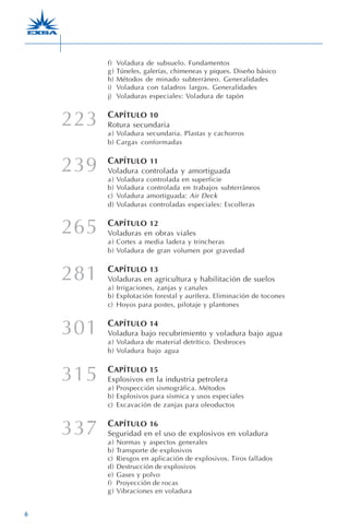 6
f) Voladura de subsuelo. Fundamentos
g) Túneles, galerías, chimeneas y piques. Diseño básico
h) Métodos de minado subterráneo. Generalidades
i) Voladura con taladros largos. Generalidades
j) Voladuras especiales: Voladura de tapón
CAPÍTULO 10
Rotura secundaria
a) Voladura secundaria. Plastas y cachorros
b) Cargas conformadas
CAPÍTULO 11
Voladura controlada y amortiguada
a) Voladura controlada en superficie
b) Voladura controlada en trabajos subterráneos
c) Voladura amortiguada: Air Deck
d) Voladuras controladas especiales: Escolleras
CAPÍTULO 12
Voladuras en obras viales
a) Cortes a media ladera y trincheras
b) Voladura de gran volumen por gravedad
CAPÍTULO 13
Voladuras en agricultura y habilitación de suelos
a) Irrigaciones, zanjas y canales
b) Explotación forestal y aurífera. Eliminación de tocones
c) Hoyos para postes, pilotaje y plantones
CAPÍTULO 14
Voladura bajo recubrimiento y voladura bajo agua
a) Voladura de material detrítico. Desbroces
b) Voladura bajo agua
CAPÍTULO 15
Explosivos en la industria petrolera
a) Prospección sismográfica. Métodos
b) Explosivos para sísmica y usos especiales
c) Excavación de zanjas para oleoductos
CAPÍTULO 16
Seguridad en el uso de explosivos en voladura
a) Normas y aspectos generales
b) Transporte de explosivos
c) Riesgos en aplicación de explosivos. Tiros fallados
d) Destrucción de explosivos
e) Gases y polvo
f) Proyección de rocas
g) Vibraciones en voladura
223
239
265
281
301
315
337
 
