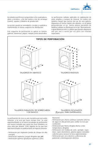 87
los taladros periféricos comprenden a los cuadradores,
alzas y arrastres, y los del núcleo a los de arranque
(cueles), ayudas y taladros de producción.
La sección puede ser semielíptica, circular o cuadrática,
manteniendo el mismo esquema de distribución.
Este esquema de perforación se aplica en túneles,
galerías, chimeneas, piques, rampas y otros desarrollos.
La perforación radiales aplicable en explotación de
vetas amplias y cuerpos de mineral. Se realiza con
taladros largos que parten del eje de una galería,
dispuestos en forma radial o de abanico, en un plano
perpendicular al eje. Varios planos paralelos de
taladros radiales se distribuyen en el eje. Normalmente,
a igual distancia entre sí, planos que pueden dispararse
uno por uno o varios por vez pero con retardos
espaciados.
La perforación de roca es aún mecánica por percusión
rotación, y lo será por buen tiempo más. Se está
experimentando en la futura tecnología de perforación
con nuevos métodos que quizá nos sean familiares en
unos años por delante. Entre algunos de los que han
sido mencionados en publicaciones al respecto tenemos:
- Perforación por implosión (ondas de choque de alta
energía).
- Perforación explosiva (cargas dirigidas tipo jet).
- Perforación química (productos químicos como
fluoruros).
- Perforación por chorro continuo cavitante (chorros
de agua en alta presión para astillar la roca por
cavitación).
- Perforación por flama dirigida (llama a lata
temperatura, dirigida).
- Perforación con medios de corte, ejemplo: rayos
láser, rayos electrónicos, plasma (gases ionizados
calientes para socavar la roca vaporizándola).
- Perforación por arco eléctrico y diferencia de
potencial o desintegración eléctrica.
CAPÍTULO 6
 