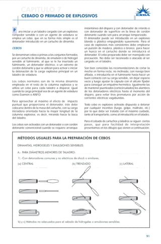 91
instantáneo del disparo y con detonador de retardo o
con detonador de superficie en la línea de cordón
detonante cuando son para arranque temporizado.
El detonador puede ser introducido en un explosivo
blando o plástico empujándolo suavemente. Para el
caso de explosivos más consistentes debe emplearse
un punzón de madera, plástico o bronce, para hacer
un hueco en el cartucho donde se introducirá el
detonador. El cebo preparado debe ser manejado con
precaución. No debe ser taconeado o atacado al ser
cargado en el taladro.
Son bien conocidas las recomendaciones de cortar la
mecha en forma recta, no inclinada, con navaja bien
afilada, e introducirla en el fulminante hasta hacer un
buen contacto con su carga sensible, sin dejar espacio
vacío y luego ajustar la cápsula con el alicate fijador
para conseguir un empalme hermético. Igualmente las
de mantener puenteados (cortocircuitados) los alambres
de los detonadores eléctricos hasta el momento del
disparo, para evitar tiros prematuros por acción de
corrientes eléctricas vagabundas.
Todo cebo es explosivo activado dispuesto a detonar
por cualquier incentivo (fuego, golpe, maltrato, etc.)
por lo que debe ser tratado con el máximo cuidado,
tanto al transportarlo, como al introducirlo en el taladro.
Para el cebado de cartuchos y taladros se siguen ciertos
pasos, que para facilidad de interpretación
presentamos en los dibujos que vienen a continuación:
CAPITULO 7
CEBADO O PRIMADO DE EXPLOSIVOS
P ara iniciar a un taladro cargado con un explosivo
rompedor sensible o con un agente de voladura se
emplea un cebo, que en su forma más simple es el
detonador introducido en un cartucho de dinamita.
CEBOS
Se denominan cebos o primas a los conjuntos formados
por un cartucho de dinamita, de emulsión o de hidrogel
sensible al fulminante, al que se le ha insertado un
fulminante, un detonador eléctrico, o un extremo de
cordón detonante y que se utilizan para activar e iniciar
la detonación de la carga explosiva principal en un
taladro de voladura.
Los cebos normales son de la misma dinamita
empleada en el resto de la columna explosiva y se
utiliza un cebo para cada taladro a disparar, igual
cuando la carga principal sea de un agente de voladura
como Examon o ANFO.
Para aprovechar al máximo el efecto de impacto
puntual que proporciona el detonador, éste debe
colocarse dentro de la masa del cartucho, con su carga
iniciadora orientada hacia la mayor longitud de la
columna explosiva, es decir, mirando hacia la boca
del taladro.
Los cebos son activados con un detonador o con cordón
detonante convencional cuando se requiere arranque
 