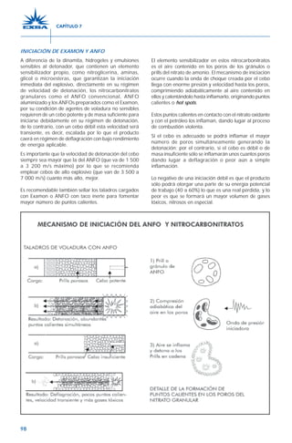 98
INICIACIÓN DE EXAMON Y ANFO
A diferencia de la dinamita, hidrogeles y emulsiones
sensibles al detonador, que contienen un elemento
sensibilizador propio, como nitroglicerina, aminas,
glicol o microesteras, que garantizan la iniciación
inmediata del explosivo, directamente en su régimen
de velocidad de detonación, los nitrocarbonitratos
granulares como el ANFO convencional, ANFO
aluminizado y los ANFOs preparados como el Examon,
por su condición de agentes de voladura no sensibles
requieren de un cebo potente y de masa suficiente para
iniciarse debidamente en su régimen de detonación,
de lo contrario, con un cebo débil esta velocidad será
transiente, es decir, escalada por lo que el producto
caerá en régimen de deflagración con bajo rendimiento
de energía aplicable.
Es importante que la velocidad de detonación del cebo
siempre sea mayor que la del ANFO (que va de 1 500
a 3 200 m/s máximo) por lo que se recomienda
emplear cebos de alto explosivo (que van de 3 500 a
7 000 m/s) cuanto más alto, mejor.
Es recomendable también sellar los taladros cargados
con Examon o ANFO con taco inerte para fomentar
mayor número de puntos calientes.
El elemento sensibilizador en estos nitrocarbonitratos
es el aire contenido en los poros de los gránulos o
prills del nitrato de amonio. El mecanismo de iniciación
ocurre cuando la onda de choque creada por el cebo
llega con enorme presión y velocidad hasta los poros,
comprimiendo adiabáticamente al aire contenido en
ellos y calentándolo hasta inflamarlo, originando puntos
calientes o hot spots.
Estos puntos calientes en contacto con el nitrato oxidante
y con el petróleo los inflaman, dando lugar al proceso
de combustión violenta.
Si el cebo es adecuado se podrá inflamar el mayor
número de poros simultáneamente generando la
detonación; por el contrario, si el cebo es débil o de
masa insuficiente sólo se inflamarán unos cuantos poros
dando lugar a deflagración o peor aún a simple
inflamación.
Lo negativo de una iniciación débil es que el producto
sólo podrá otorgar una parte de su energía potencial
de trabajo (40 a 60%) lo que es una real pérdida, y lo
peor es que se formará un mayor volumen de gases
tóxicos, nitrosos en especial.
CAPÍTULO 7
 