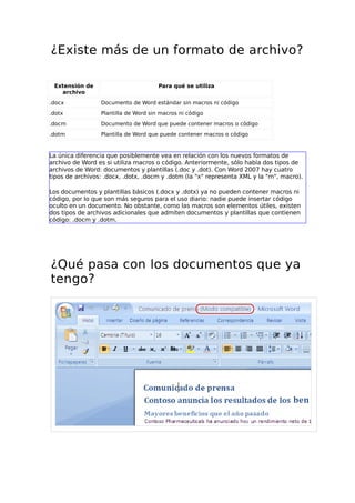 ¿Existe más de un formato de archivo?
Extensión de
archivo
Para qué se utiliza
.docx Documento de Word estándar sin macros ni código
.dotx Plantilla de Word sin macros ni código
.docm Documento de Word que puede contener macros o código
.dotm Plantilla de Word que puede contener macros o código
La única diferencia que posiblemente vea en relación con los nuevos formatos de
archivo de Word es si utiliza macros o código. Anteriormente, sólo había dos tipos de
archivos de Word: documentos y plantillas (.doc y .dot). Con Word 2007 hay cuatro
tipos de archivos: .docx, .dotx, .docm y .dotm (la "x" representa XML y la "m", macro).
Los documentos y plantillas básicos (.docx y .dotx) ya no pueden contener macros ni
código, por lo que son más seguros para el uso diario: nadie puede insertar código
oculto en un documento. No obstante, como las macros son elementos útiles, existen
dos tipos de archivos adicionales que admiten documentos y plantillas que contienen
código: .docm y .dotm.
¿Qué pasa con los documentos que ya
tengo?
 