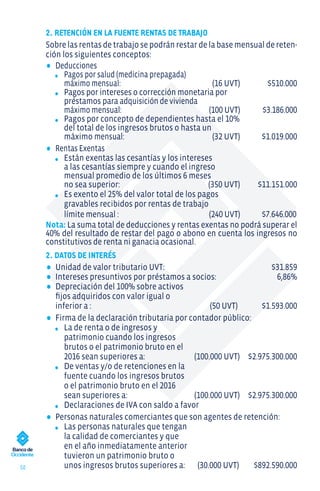 50
2. RETENCIÓN EN LA FUENTE RENTAS DE TRABAJO
Sobrelasrentasdetrabajosepodránrestardelabasemensualdereten-
ción los siguientes conceptos:
•	Deducciones
•	 Pagos por salud (medicina prepagada)
	 máximo mensual:		 (16 UVT) $510.000
•	 Pagos por intereses o corrección monetaria por
	 préstamos para adquisición de vivienda
	 máximo mensual:		 (100 UVT) $3.186.000
•	 Pagos por concepto de dependientes hasta el 10%
	 del total de los ingresos brutos o hasta un
	máximo mensual:		 (32 UVT) $1.019.000
•	Rentas Exentas
•	 Están exentas las cesantías y los intereses
		 a las cesantías siempre y cuando el ingreso
		 mensual promedio de los últimos 6 meses
		 no sea superior:		 (350 UVT) $11.151.000
•	 Es exento el 25% del valor total de los pagos
		 gravables recibidos por rentas de trabajo
		 límite mensual : 		 (240 UVT)	 $7.646.000
Nota: La suma total de deducciones y rentas exentas no podrá superar el
40% del resultado de restar del pago o abono en cuenta los ingresos no
constitutivos de renta ni ganacia ocasional.
2. DATOS DE INTERÉS
•	Unidad de valor tributario UVT:	 $31.859
•	Intereses presuntivos por préstamos a socios: 6,86%
•	Depreciación del 100% sobre activos
fijos adquiridos con valor igual o
inferior a :		 (50 UVT) $1.593.000
•	Firma de la declaración tributaria por contador público:
•	 La de renta o de ingresos y
patrimonio cuando los ingresos
brutos o el patrimonio bruto en el
2016 sean superiores a:	 (100.000 UVT) $2.975.300.000
•	 De ventas y/o de retenciones en la
fuente cuando los ingresos brutos
o el patrimonio bruto en el 2016
sean superiores a:	 (100.000 UVT) $2.975.300.000
•	 Declaraciones de IVA con saldo a favor
•	Personas naturales comerciantes que son agentes de retención:
•	 Las personas naturales que tengan
la calidad de comerciantes y que
en el año inmediatamente anterior
tuvieron un patrimonio bruto o
unos ingresos brutos superiores a:	 (30.000 UVT)	 $892.590.000
 