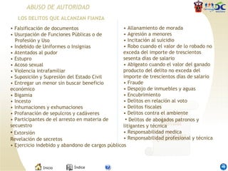 ABUSO DE AUTORIDAD Falsificación de documentos • Usurpación de Funciones Públicas o de   Profesión y Uso • Indebido de Uniformes o Insignias • Atentados al pudor • Estupro • Acoso sexual • Violencia intrafamiliar • Suposición y Supresión del Estado Civil • Entregar un menor sin buscar beneficio económico • Bigamia • Incesto • Inhumaciones y exhumaciones • Profanación de sepulcros y cadáveres • Participantes de el arresto en materia de secuestro •  Extorsión Revelación de secretos • Ejercicio indebido y abandono de cargos públicos •  Allanamiento de morada • Agresión a menores • Incitación al suicidio • Robo cuando el valor de lo robado no exceda del importe de trescientos sesenta días de salario • Abigeato cuando el valor del ganado producto del delito no exceda del importe de trescientos días de salario • Fraude • Despojo de inmuebles y aguas  • Encubrimiento • Delitos en relación al voto • Delitos fiscales • Delitos contra el ambiente   •   Delitos de abogados patronos y litigantes y técnica • Responsabilidad medica • Responsabilidad profesional y técnica LOS DELITOS QUE ALCANZAN FIANZA 