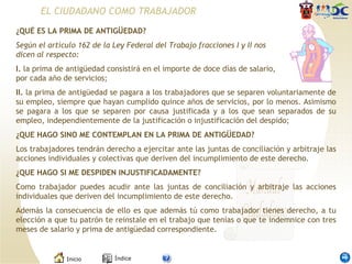 ¿QUÉ ES LA PRIMA DE ANTIGÜEDAD? Según el artículo 162 de la Ley Federal del Trabajo fracciones I y II nos dicen al respecto: I.  la prima de antigüedad consistirá en el importe de doce días de salario, por cada año de servicios;  II.  la prima de antigüedad se pagara a los trabajadores que se separen voluntariamente de su empleo, siempre que hayan cumplido quince años de servicios, por lo menos. Asimismo se pagara a los que se separen por causa justificada y a los que sean separados de su empleo, independientemente de la justificación o injustificación del despido;  ¿QUE HAGO SINO ME CONTEMPLAN EN LA PRIMA DE ANTIGÜEDAD? Los trabajadores tendrán derecho a ejercitar ante las juntas de conciliación y arbitraje las acciones individuales y colectivas que deriven del incumplimiento de este derecho.   ¿QUE HAGO SI ME DESPIDEN INJUSTIFICADAMENTE? Como trabajador puedes acudir ante las juntas de conciliación y arbitraje las acciones individuales que deriven del incumplimiento de este derecho. Además la consecuencia de ello es que además tú como trabajador tienes derecho, a tu elección a que tu patrón te reinstale en el trabajo que tenías o que te indemnice con tres meses de salario y prima de antigüedad correspondiente. EL CIUDADANO COMO TRABAJADOR 
