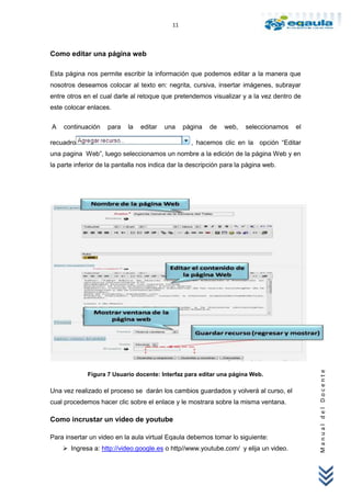 11



Como editar una página web

Esta página nos permite escribir la información que podemos editar a la manera que
nosotros deseamos colocar al texto en: negrita, cursiva, insertar imágenes, subrayar
entre otros en el cual darle al retoque que pretendemos visualizar y a la vez dentro de
este colocar enlaces.


A   continuación    para    la   editar   una    página   de   web,   seleccionamos   el

recuadro                                           , hacemos clic en la opción “Editar
una pagina Web”, luego seleccionamos un nombre a la edición de la página Web y en
la parte inferior de la pantalla nos indica dar la descripción para la página web.




                                                                                           Manual del Docente




             Figura 7 Usuario docente: Interfaz para editar una página Web.

Una vez realizado el proceso se darán los cambios guardados y volverá al curso, el
cual procedemos hacer clic sobre el enlace y le mostrara sobre la misma ventana.

Como incrustar un video de youtube

Para insertar un video en la aula virtual Eqaula debemos tomar lo siguiente:
     Ingresa a: http://video.google.es o http//www.youtube.com/ y elija un video.
 