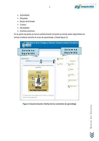 4



    Actividades
    Etiquetas
    Buzón de Entrada
    Cursos.
    Novedades.
    Eventos próximos.
En la parte izquierda ya hemos anteriormente conocido es donde están disponibles los
temas a tratarse durante el curso de aprendizaje. (Véase figura 3).




          Figura 3 Usuario docente: Interfaz de los contenidos de aprendizaje
                                                                                       Manual del Docente
 