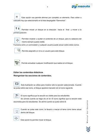 6




          Esta opción nos permite eliminar por completo un elemento. Para volver a
colocarlo hay que seleccionarlo en la lista despegable “Elementos”.




          Permiten mover un bloque en la dirección hacia el final y mover a la
primera posición.


          Permiten mostrar u ocultar el contenido de un bloque, pero la cabecera del
          mismo siempre queda visible.
Funciona como un conmutador y cualquier usuario puede actuar sobre estos iconos.


          Permite asignarle un rol a un usuario para este bloque.




          Permite actualizar cualquier modificación que realice en el bloque.




Editar los contenidos didácticos
Reorganizar las secciones de contenidos.



         Esta ilustración se utiliza para mostrar sólo la sección seleccionada. Cuando
se pulsa sobre ese icono, el bloque aparece marcado con el icono siguiente.



         El icono significa que la sección es visible para los estudiantes.
         Se cerrará cuando se haga clic en él. El icono significa que la sección está
                                                                                         Manual del Docente




escondida para los estudiantes. Se abrirá cuando se pulse sobre él.



         Cuando se pulsa este icono, le llevará a marcar el tema como tema actual
         dentro del bloque.



         Esta opción le permite mover el bloque.
 