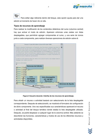 7




        Para editar algo referente dentro del bloque, esta opción ayuda para dar una
edición al momento de hacer clic en ella.

Tipos de recursos de aprendizaje
Para realizar la modificación de los contenidos didácticos del curso (columna central)
hay que activar el modo de edición. Aparecen entonces unas cestas con listas
desplegables, que permitirán agregar componentes al curso, y una serie de iconos
junto a cada componente, para realizar diversas operaciones de edición sobre él.




           Figura 4 Usuario docente: Interfaz de los recursos de aprendizaje.

Para añadir un recurso o actividad bastará con seleccionarlo de la lista desplegable
                                                                                         Manual del Docente




correspondiente. Después de seleccionarlo, se mostrará el formulario de configuración
de dicho componente. Una vez especificadas sus características aparecerá el recurso
o actividad al final del bloque temático donde estaba la lista desplegable utilizada.
Después, se podrá desplazar a cualquier lugar de la columna central. Más adelante se
describirán las funciones, características y modos de uso de los diferentes recursos y
actividades disponibles.
 
