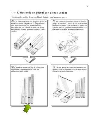 10



1 — 4. H a ci e n d o u n s hi n a i c o n pi e z a s u s a d a s
Combinando varillas de varios shinais dañados para hacer uno nuevo.

    Los shinais tienen una pequeña placa de          Por tanto es necesario cortar un nuevo
hierro (llamada chigiri) en la empuñadura        grupo de ranuras. Deje la placa de hierro en
que mantiene todas las piezas juntas y           las varillas donde cabe y entonces añada las
previene que las varillas se muevan. Esta        varillas nuevas y apriételas firmemente. La
cabe dentro de una ranura cortada en cada        placa debería dejar una pequeña marca.
varilla.




    Cuando se usan varillas de diferentes            Use un serrucho pequeño (una sierra o
shinais las ranuras podrían estar en             segueta estaría bien) para cortar una ranura
diferentes posiciones.                           fina a lo largo de la marca.
 
