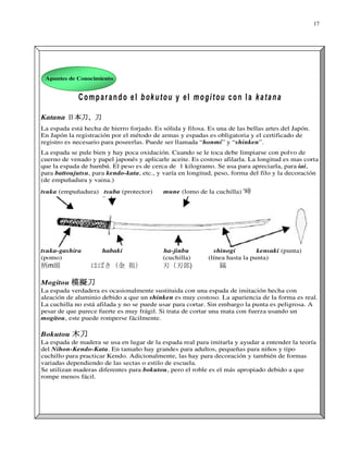 17




 Apuntes de Conocimiento


             C o m p a r a n d o e l b o k u t o u y e l m o g i t o u c o n l a k a ta n a

Katana 日本刀、刀
La espada está hecha de hierro forjado. Es sólida y filosa. Es una de las bellas artes del Japón.
En Japón la registración por el método de armas y espadas es obligatoria y el certificado de
registro es necesario para poseerlas. Puede ser llamada “honmi” y “shinken”.
La espada se pule bien y hay poca oxidación. Cuando se le toca debe limpiarse con polvo de
cuerno de venado y papel japonés y aplicarle aceite. Es costoso afilarla. La longitud es mas corta
que la espada de bambú. El peso es de cerca de 1 kilogramo. Se usa para apreciarla, para iai,
para battoujutsu, para kendo-kata, etc., y varía en longitud, peso, forma del filo y la decoración
(de empuñadura y vaina.)
tsuka (empuñadura) tsuba (protector)         mune (lomo de la cuchilla) '峰




tsuka-gashira         habaki                 ha-jinbu            shinogi         kensaki (punta)
(pomo)                                       (cuchilla)        (línea hasta la punta)
柄m頭               はばき（金 祖）                   刃（刃部)                 鎬

Mogitou 模擬刀
La espada verdadera es ocasionalmente sustituida con una espada de imitación hecha con
aleación de aluminio debido a que un shinken es muy costoso. La apariencia de la forma es real.
La cuchilla no está afilada y no se puede usar para cortar. Sin embargo la punta es peligrosa. A
pesar de que parece fuerte es muy frágil. Si trata de cortar una mata con fuerza usando un
mogitou, este puede romperse fácilmente.

Bokutou 木刀
La espada de madera se usa en lugar de la espada real para imitarla y ayudar a entender la teoría
del Nihon-Kendo-Kata. En tamaño hay grandes para adultos, pequeñas para niños y tipo
cuchillo para practicar Kendo. Adicionalmente, las hay para decoración y también de formas
variadas dependiendo de las sectas o estilo de escuela.
Se utilizan maderas diferentes para bokutou, pero el roble es el más apropiado debido a que
rompe menos fácil.
 