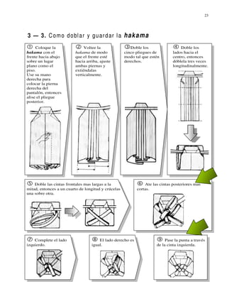 23




3 — 3. C o m o d o bl a r y g u a r d a r l a h a k a m a
     Coloque la                Voltee la                Doble los                  Doble los
hakama con el             hakama de modo             cinco pliegues de         lados hacia el
frente hacia abajo        que el frente esté         modo tal que estén        centro, entonces
sobre un lugar            hacia arriba, ajuste       derechos.                 dóblela tres veces
plano como el             ambas piernas y                                      longitudinalmente.
piso.                     extiéndalas
Use su mano               verticalmente.
derecha para
colocar la pierna
derecha del
pantalón, entonces
alise el pliegue
posterior.




    Doble las cintas frontales mas largas a la                  Ate las cintas posteriores mas
mitad, entonces a un cuarto de longitud y crúcelas          cortas.
una sobre otra.




    Complete el lado                   El lado derecho es                  Pase la punta a través
izquierdo.                         igual.                             de la cinta izquierda.
 