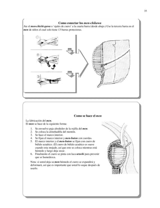 35



                                Como conectar los men-chikawa
Ate el men-chichi-gawa o ‘ojales de cuero’ a la cuarta barra (desde abajo.) Use la tercera barra en el
men de niños el cual solo tiene 13 barras protectoras.




                                              Como se hace el men
  La fabricación del men.
  El men se hace de la siguiente forma:
      1. Se envuelve paja alrededor de la rejilla del men.
      2. Se coloca la almohadilla del mentón.
      3. Se hace el marco interior.
      4. Se fijan el marco interior y men-buton con cuerdas.
      5. El marco interior y el men-buton se fijan con cuero de
         búfalo acuático. (El cuero de búfalo acuático es suave
         cuando esta mojado, así que este se coloca mientras está
         húmedo y luego deja secar.
      6. Finalmente el cuero se pinta con laca urushi para prevenir
         que se humedezca.
      Nota: si usted deja su men húmedo el cuero se expandirá y
      deformará, así que es importante que usted lo seque después de
      usarlo.
 