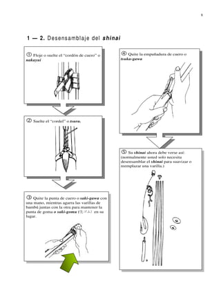 8




1 — 2. D e s e n s a m b l aj e d el s h i n ai

   Floje o suelte el “cordón de cuero” o              Quite la empuñadura de cuero o
nakayui                                           tsuka-gawa




   Suelte el “cordel” o tsuru.




                                                      Su shinai ahora debe verse así:
                                                  (normalmente usted solo necesita
                                                  desensamblar el shinai para suavizar o
                                                  reemplazar una varilla.)




    Quite la punta de cuero o saki-gawa con
una mano, mientras agarra las varillas de
bambú juntas con la otra para mantener la
punta de goma o saki-gomu (先ゴム) en su
lugar.
 