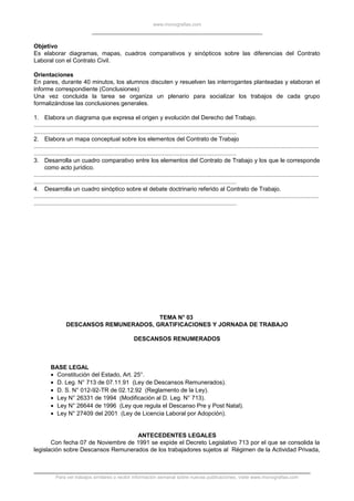 www.monografias.com
Objetivo
Es elaborar diagramas, mapas, cuadros comparativos y sinópticos sobre las diferencias del Contrato
Laboral con el Contrato Civil.
Orientaciones
En pares, durante 40 minutos, los alumnos discuten y resuelven las interrogantes planteadas y elaboran el
informe correspondiente (Conclusiones)
Una vez concluida la tarea se organiza un plenario para socializar los trabajos de cada grupo
formalizándose las conclusiones generales.
1. Elabora un diagrama que expresa el origen y evolución del Derecho del Trabajo.
.............................................................................................................................................................................
...........................................................................................................................
2. Elabora un mapa conceptual sobre los elementos del Contrato de Trabajo
.............................................................................................................................................................................
...........................................................................................................................
3. Desarrolla un cuadro comparativo entre los elementos del Contrato de Trabajo y los que le corresponde
como acto jurídico.
.............................................................................................................................................................................
...........................................................................................................................
4. Desarrolla un cuadro sinóptico sobre el debate doctrinario referido al Contrato de Trabajo.
.............................................................................................................................................................................
...........................................................................................................................
TEMA N° 03
DESCANSOS REMUNERADOS, GRATIFICACIONES Y JORNADA DE TRABAJO
DESCANSOS RENUMERADOS
BASE LEGAL
• Constitución del Estado, Art. 25°.
• D. Leg. N° 713 de 07.11.91 (Ley de Descansos Remunerados).
• D. S. N° 012-92-TR de 02.12.92 (Reglamento de la Ley).
• Ley N° 26331 de 1994 (Modificación al D. Leg. N° 713).
• Ley N° 26644 de 1996 (Ley que regula el Descanso Pre y Post Natal).
• Ley N° 27409 del 2001 (Ley de Licencia Laboral por Adopción).
ANTECEDENTES LEGALES
Con fecha 07 de Noviembre de 1991 se expide el Decreto Legislativo 713 por el que se consolida la
legislación sobre Descansos Remunerados de los trabajadores sujetos al Régimen de la Actividad Privada,
Para ver trabajos similares o recibir información semanal sobre nuevas publicaciones, visite www.monografias.com
 