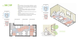 58 | 59
                                          Sala                                                                               ÁREA DE MANOBRA 180º

                                          Deve ter dimensões e forma que permitam a disposição e o uso ade-                          1.50
PÁG.
                                          quado de, no mínimo, uma mesa, mobiliário para sentar e espaço de
                                          convivência social, de modo a possibilitar que o usuário de cadeira de
                                          rodas disponha de:




                                                                                                                     1.20
                                          z 	Área de aproximação ao mobiliário, à janela e a eventual terraço, 	
                                          	 com alcance e manuseio de todos os dispositivos de comando e 	
                                          	 equipamentos;
        ÁREA DE MANOBRA 180º
                                          z 	Área de manobra com amplitude mínima de 180°, para entrar e sair 	
                1.50
                                          	 de frente;                                                                       MÓDULO DE REFERÊNCIA

                                          z 	Espaço para circulação entre móveis de, no mínimo, 80 cm;                               0.80

                                          z 	Área de visibilidade situada a, no máximo 60 cm, de altura do piso, 	
                                          	 permitindo alcance visual para uma pessoa sentada.
1.20




                                                                                                                            1.20
        MÓDULO DE REFERÊNCIA   Área de manobra 180º         Espaço para circulação     Área de manobra 180º
                0.80
       1.20




                                                                                                                                                             Janelas devem permitir
                                                                                                                                                           alcance visual adequado.

                                                                                                                                                    0.60
 
